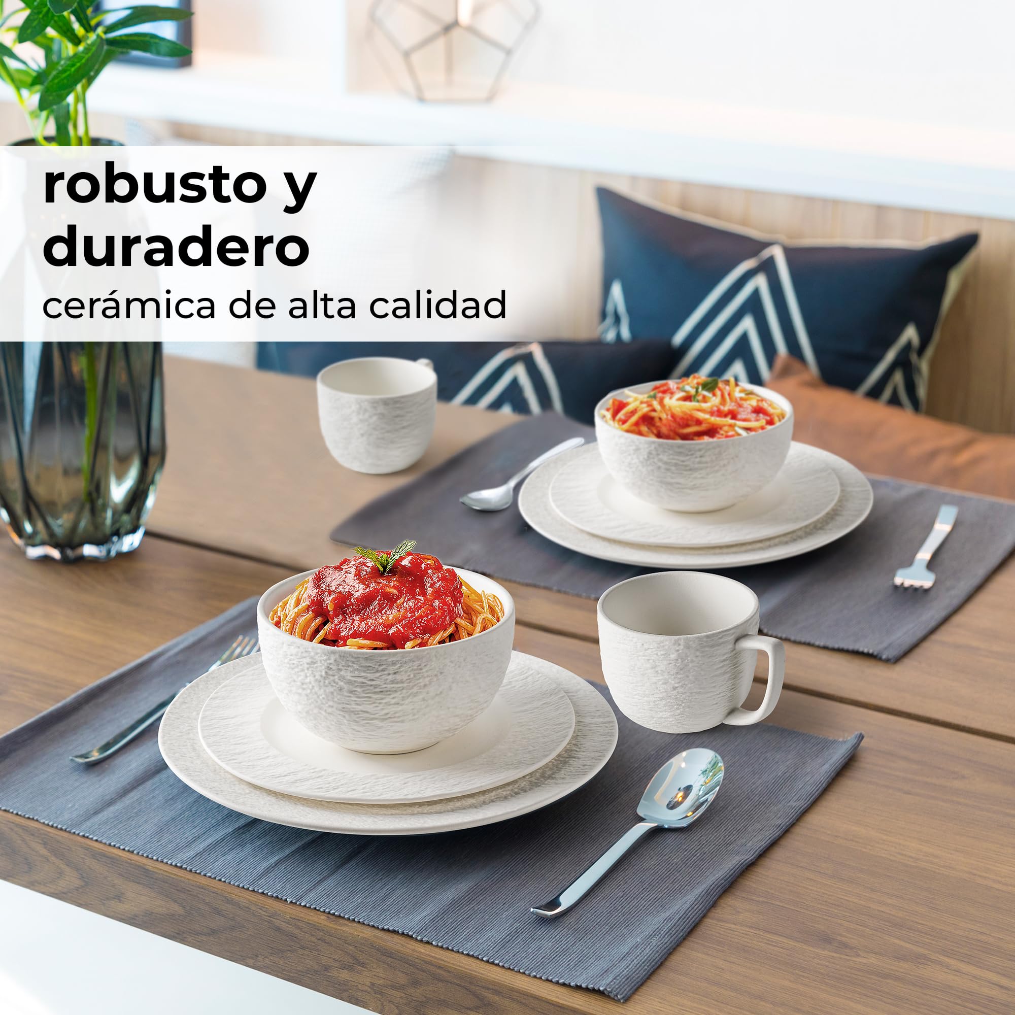 MIAMIO - Vajilla de 16 Piezas Cerámica – Set de Mesa Moderno para 4 Personas – Platos, Cuencos y Tazas en Blanco – Colección Oasis, Apta Lavavajillas y Microondas