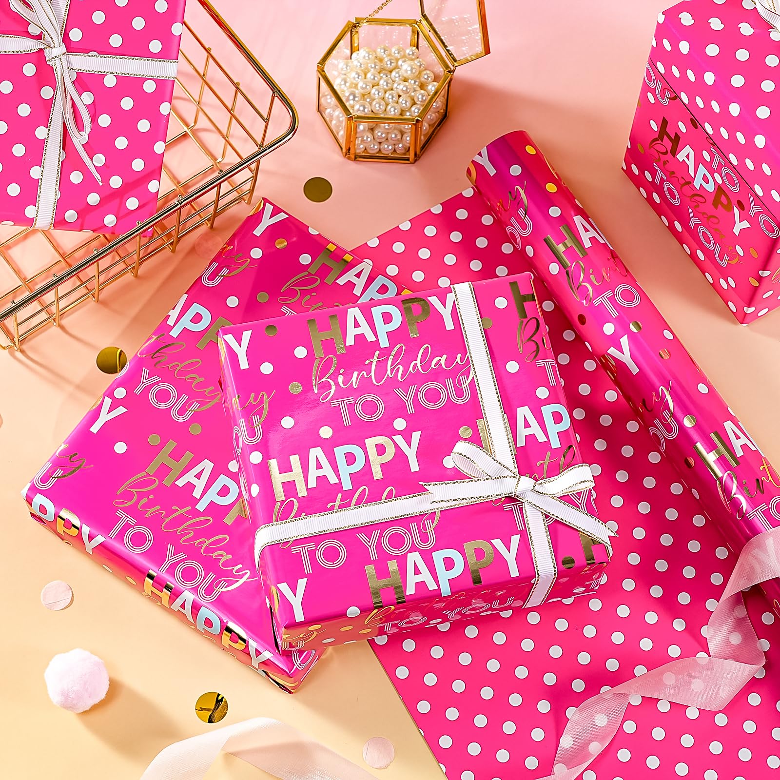 WRAPAHOLIC Papel de regalo de cumpleaños reversible jumbo, 30 pulgadas x 33 pies, papel de regalo de feliz cumpleaños rosa intenso y dorado para niñas, mujeres, niños, baby shower