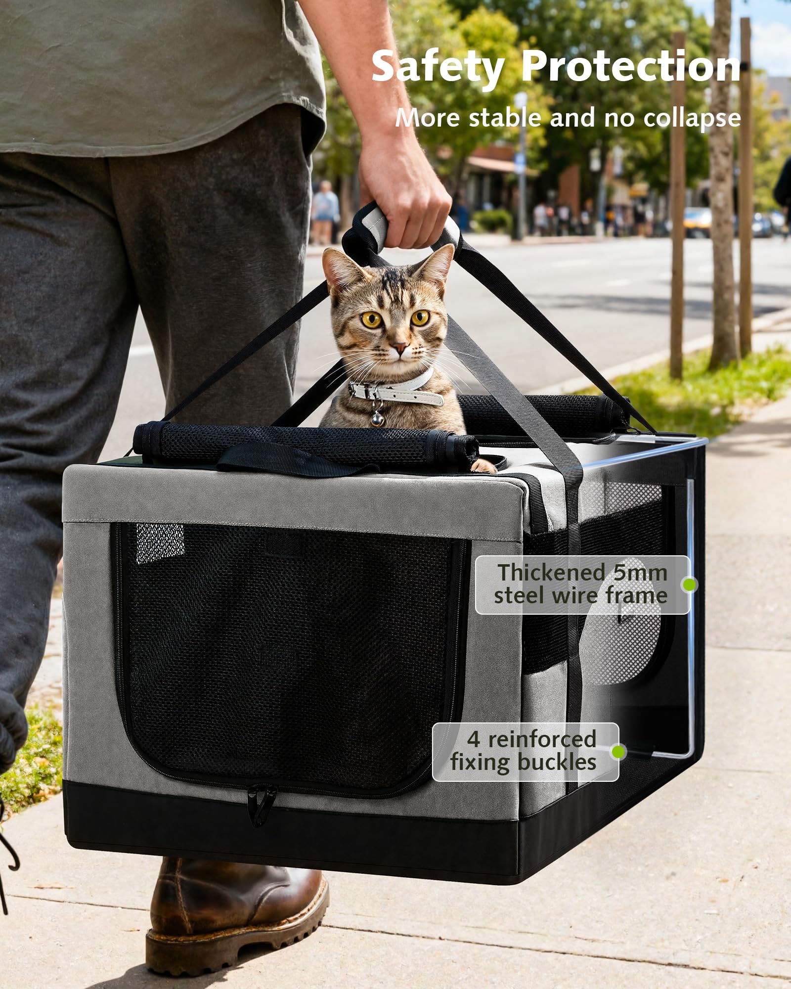 Pecute Transportín para Gatos con Doble Compartimento, ultraestable, Transpirable y Plegable, Ideal para Viajes, mudanzas y visitas al Veterinario, Gris