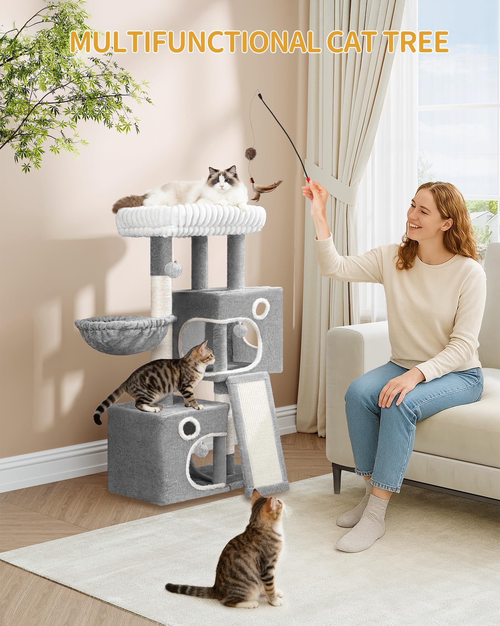 Hzuaneri Árbol para Gatos 98 cm, Rascador para Gatos con 3 Postes, Plataforma, 2 Cuevas, Cesta, Pompón, Multinivel, Gris Claro MS10118LG | Mueble de casa de gatos multinivel con poste rascador, 2 cuevas, plataforma grande, pompón, MS10118LG