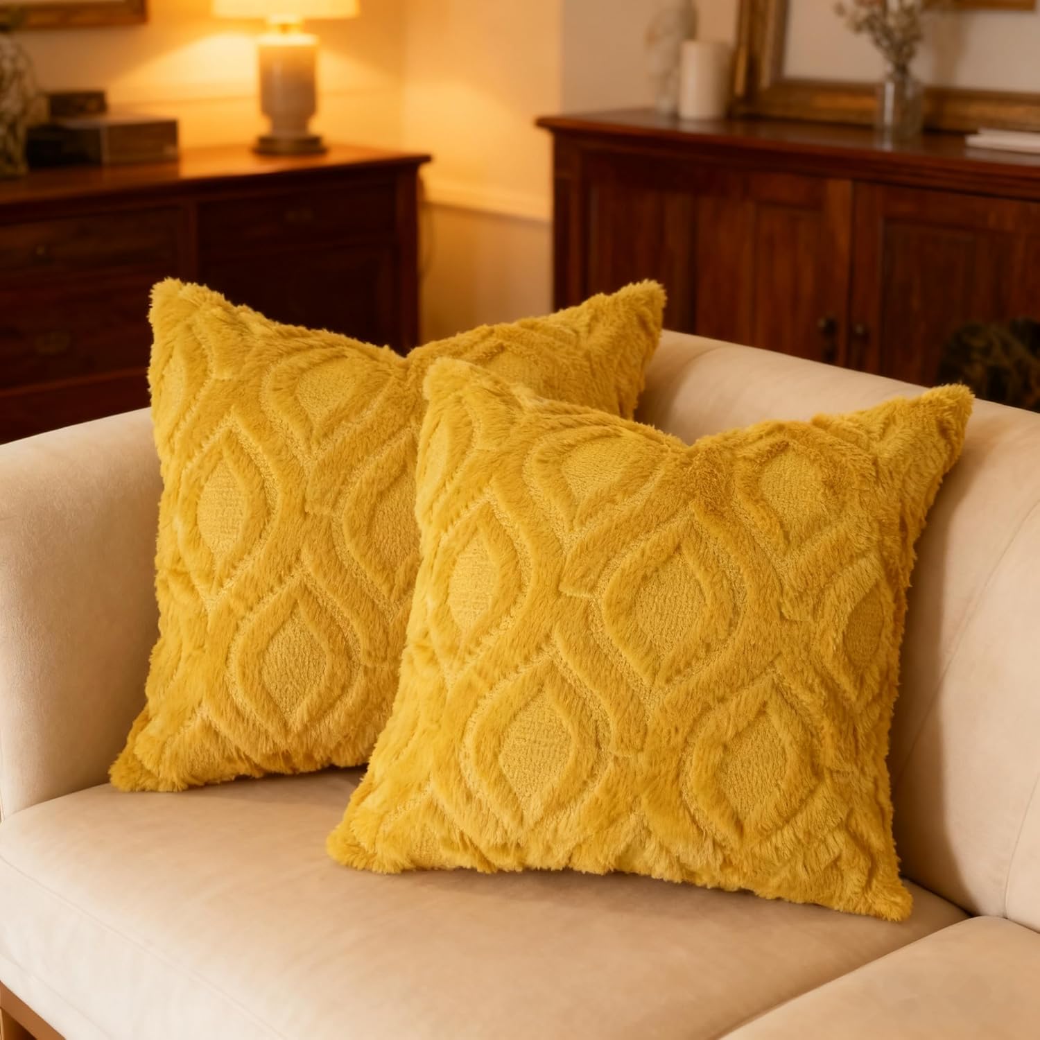 Pack of 2 Fall Decorative Throw Pillow Covers 18x18, Soft Plush Faux Fur Wool Couch Cushion Pillow Covers Cozy Boho Farmhouse Square Pillow Case for Living Room Sofa Bed Home Decor, Mustard Yellow - Image 3