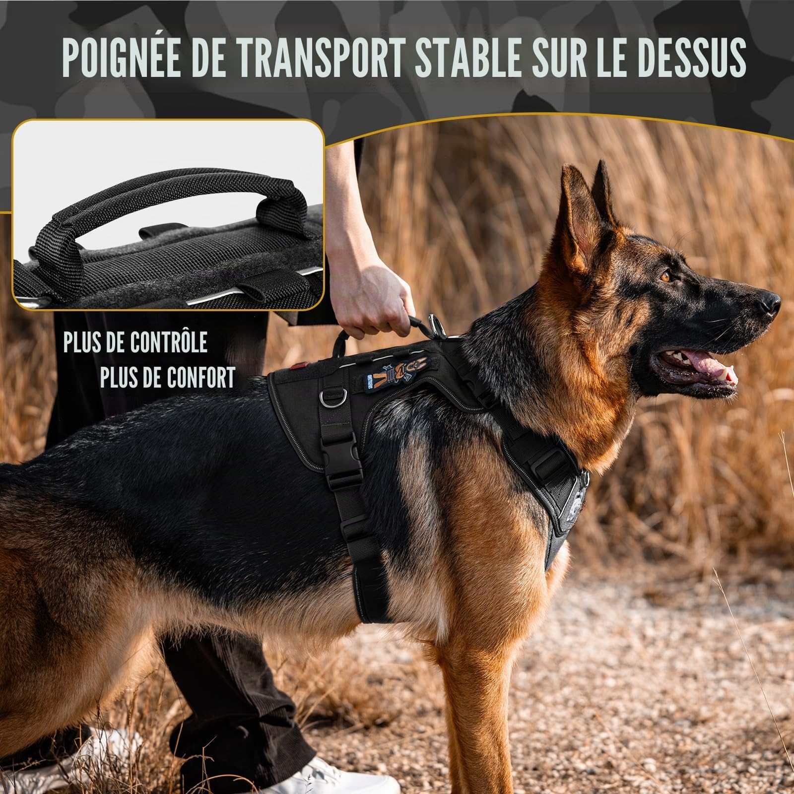 OneTigris Tactilite Harnais Tactique Durable pour Chien de Grande Taille, Anti-Traction, Harnais de Poitrine réglable sans Traction, avec 4 Anneaux en D, Bandes réfléchissantes, Noir, Taille XL