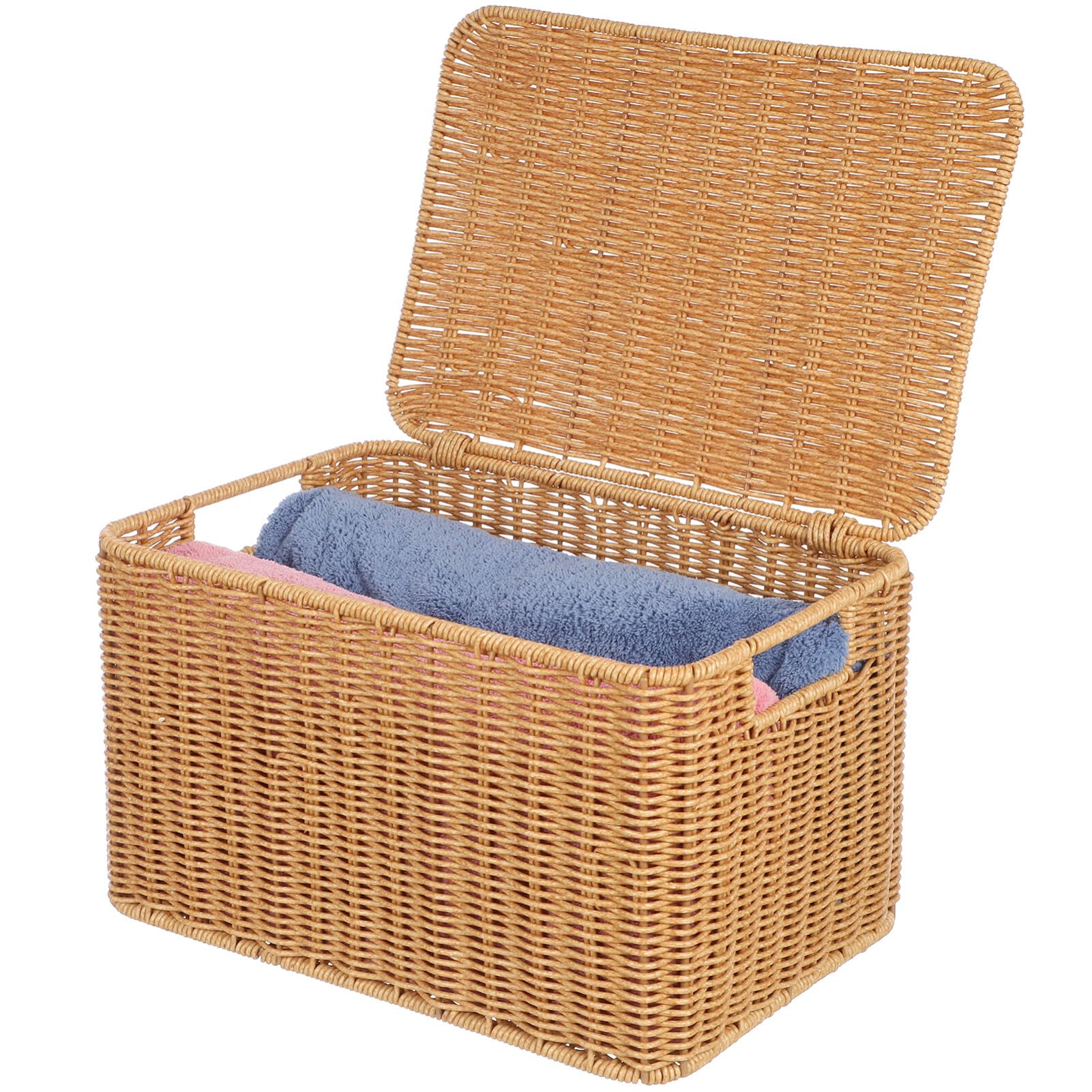 Luxshiny Caja de Almacenamiento Tejida Marrón con Tapa, Cubo de Pp E Hierro | Grande Capacidad, Diseño de Textura Trenzada, Fácil de Limpiar y Acabado Bien Hecho