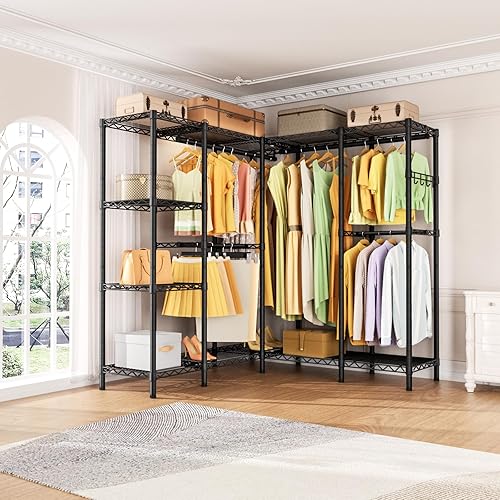 Miniatura 9 de Perchero extensible resistente para ropa, gran sistema organizador de armario de metal, estante de ropa independiente con 9 estantes de alambre