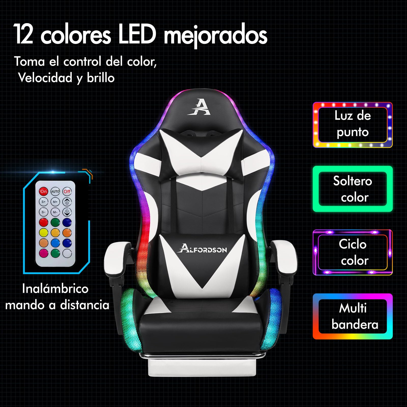 ALFORDSON Silla Gaming con Masajeador y Luces LED, Silla Gamer Ergonómica para Escritorio, Altura Regulable Cadeira con Apoyo Lumbar y Reposacabezas, Respaldo Inclinable hasta 150°, Cuero PU(Blanca)