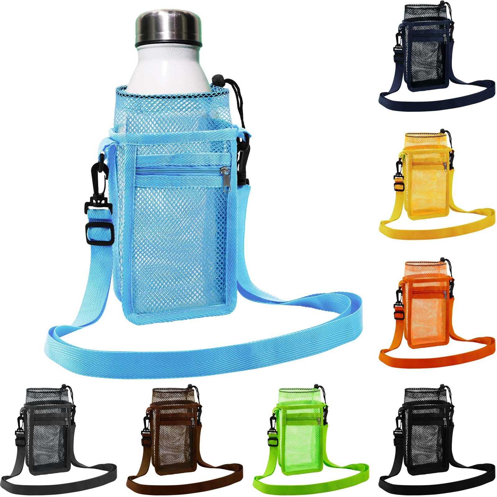 Berlune Water Bottle Holder with Strap Drawstring Water Bottle Carrier with Zipper Pocket Adjustable Shoulder Mesh Sling Bag for Hiking Walking