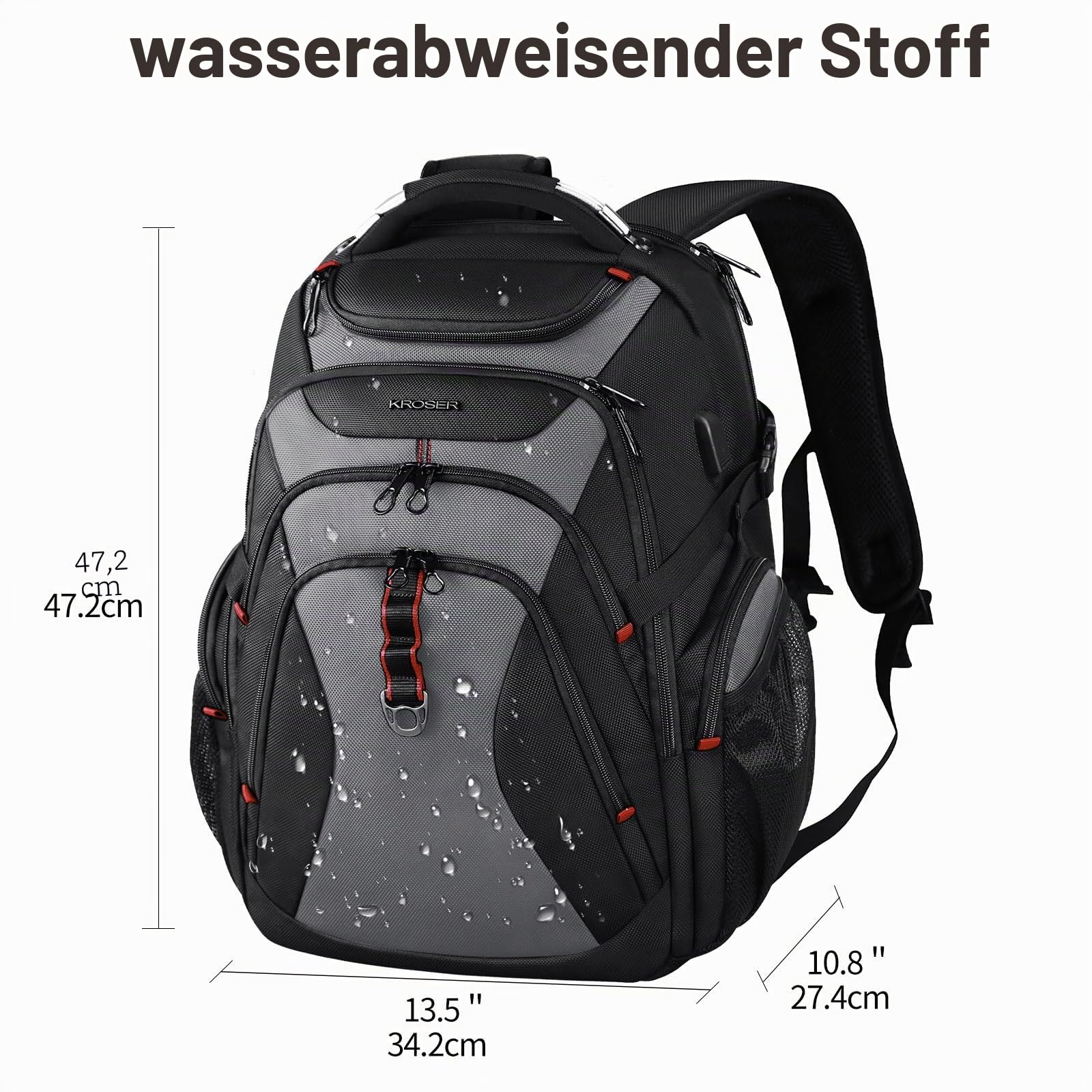 KROSER Laptop Rucksack Herren 17,3 Zoll Reise XL BusinessRucksack Schwerlast Wasserdicht mit Hartgeschältem Sicherheitsraum Ladeanschluss RFID Tasche für Männer/Frauen-Schwarz Grau