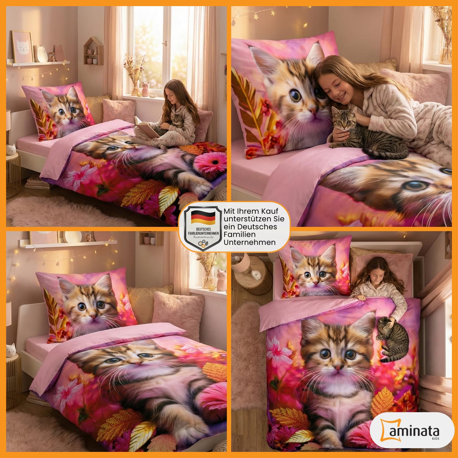 Aminata kids Bettwäsche Katze 135x200 Mädchen | Wende-Kinder-Bettwäsche-Set Katzen-Motiv | 100% Baumwolle | YKK Reißverschluss pink