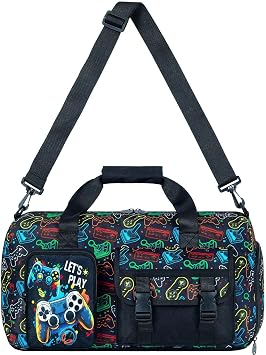 Kids Game Duffle Bag for Boys, Water-Resistant Travel & Weekender Bag with Shoe Compartment for Sports, Gym & Sleepovers