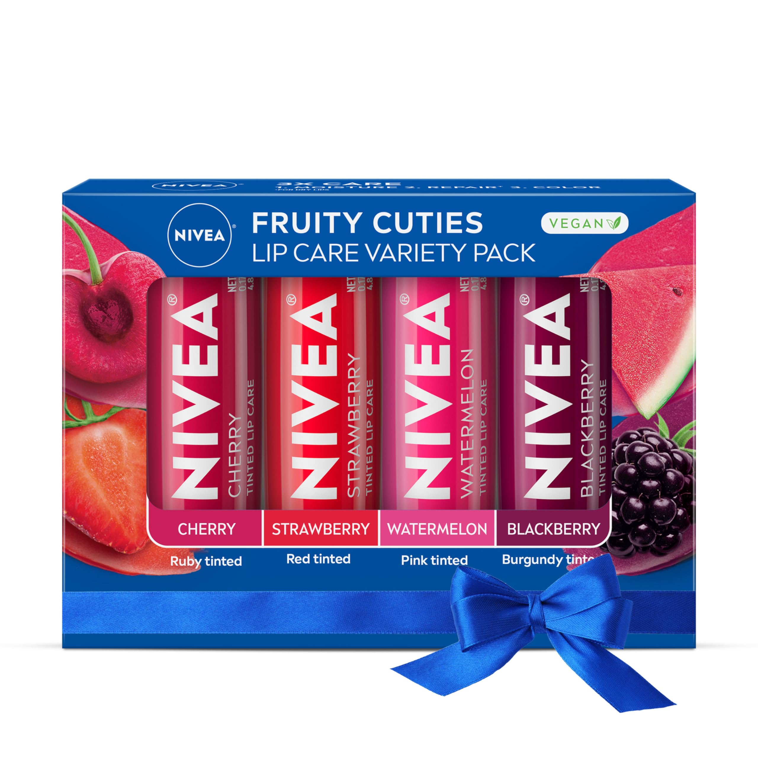 NIVEA Lip Care, Fruity Tinted Lip Balm Variety Pack, Cherry, Strawberry, Blackberry and Watermelon Flavors, 3-in-1 Moisture, Repair and Color, 0.17 Oz Stick, Pack of 4