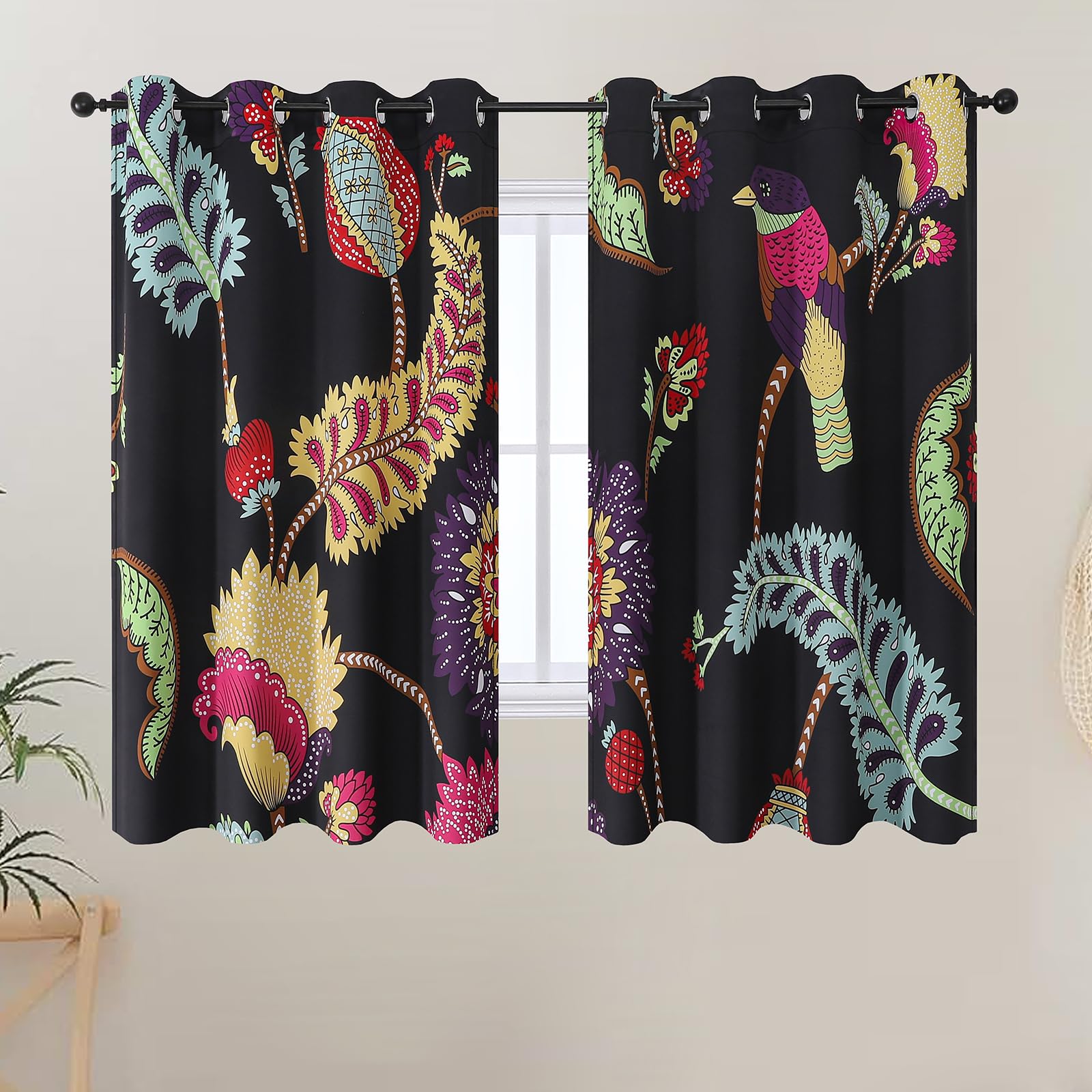 VEHEDE Boho Bird Printed Curtains, Vintage Black Printed Small Room Darkening Curtain for Bedroom, 54 inch Long Eyelet Thermal Insulated Drapes for Living Room 2 Panles W52 X L54 Inch