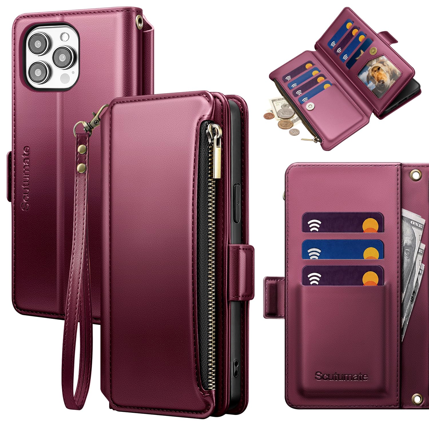 for iPhone 14 Pro Wallet Case with Card Holder,Wine Red