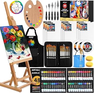 ARTALLY 86-Piece Acrylic Painting Kit with Beechwood Easel, 48 Vibrant Paints, Brushes & Apron - Complete Set for Beginners & Artists