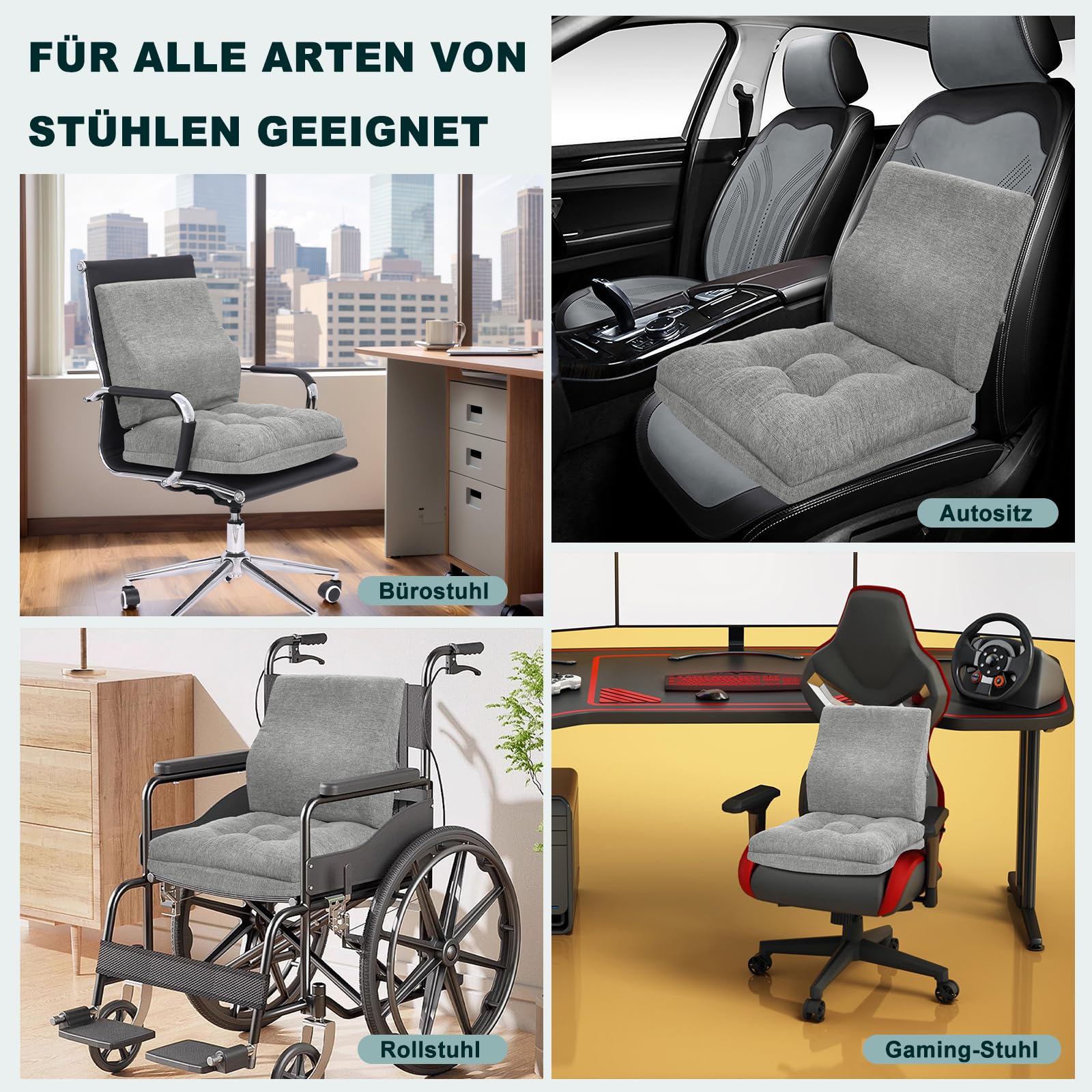 GOFORIT Juego de Cojín de Asiento y Cojín Lumbar, Cojín de Silla de Espuma Viscoelástica de 10 cm de Grosor para Silla Gaming y Silla de Ruedas, Cojín Lumbar Independiente para Sillón, Coche