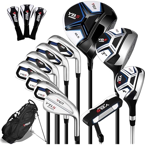 PGM 15 Pieces Men's Complete Golf Club Set with Driver, Fairway, Hybrid, Irons (6-SW), Putter, Stand Bag & Headcovers - Right Handed - Ideal for Beginners (Standard/Tall Sizes)