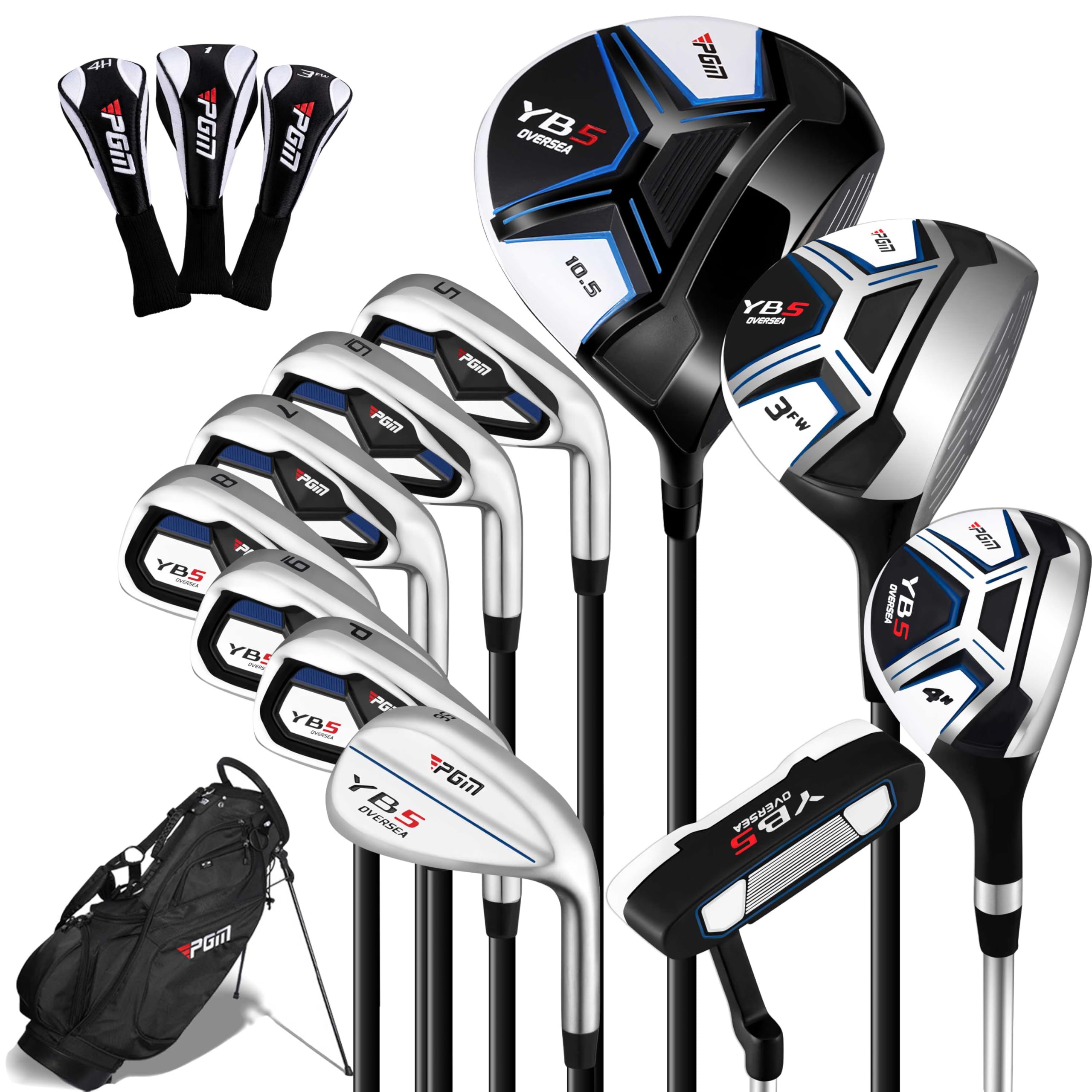 PGM Men's Complete Golf Club Sets - 11 Pieces - 2 Wood (#1,3), 1 Hybrid (#4H), 7 Irons(#5,6,7,8,9,PW,SW), 1 Putter - Golf Stand Bag - Right Handed - Ideal for Beginners