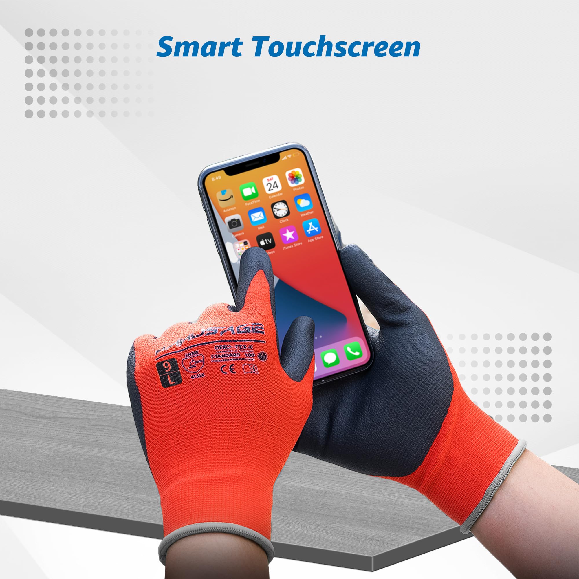Manusage Guantes de trabajo con revestimiento de nitrilo de microespuma, 3 pares, guantes de nailon de punto sin costuras para hombres y mujeres, pantalla táctil, ligeros, cómodos, color rojo, talla M