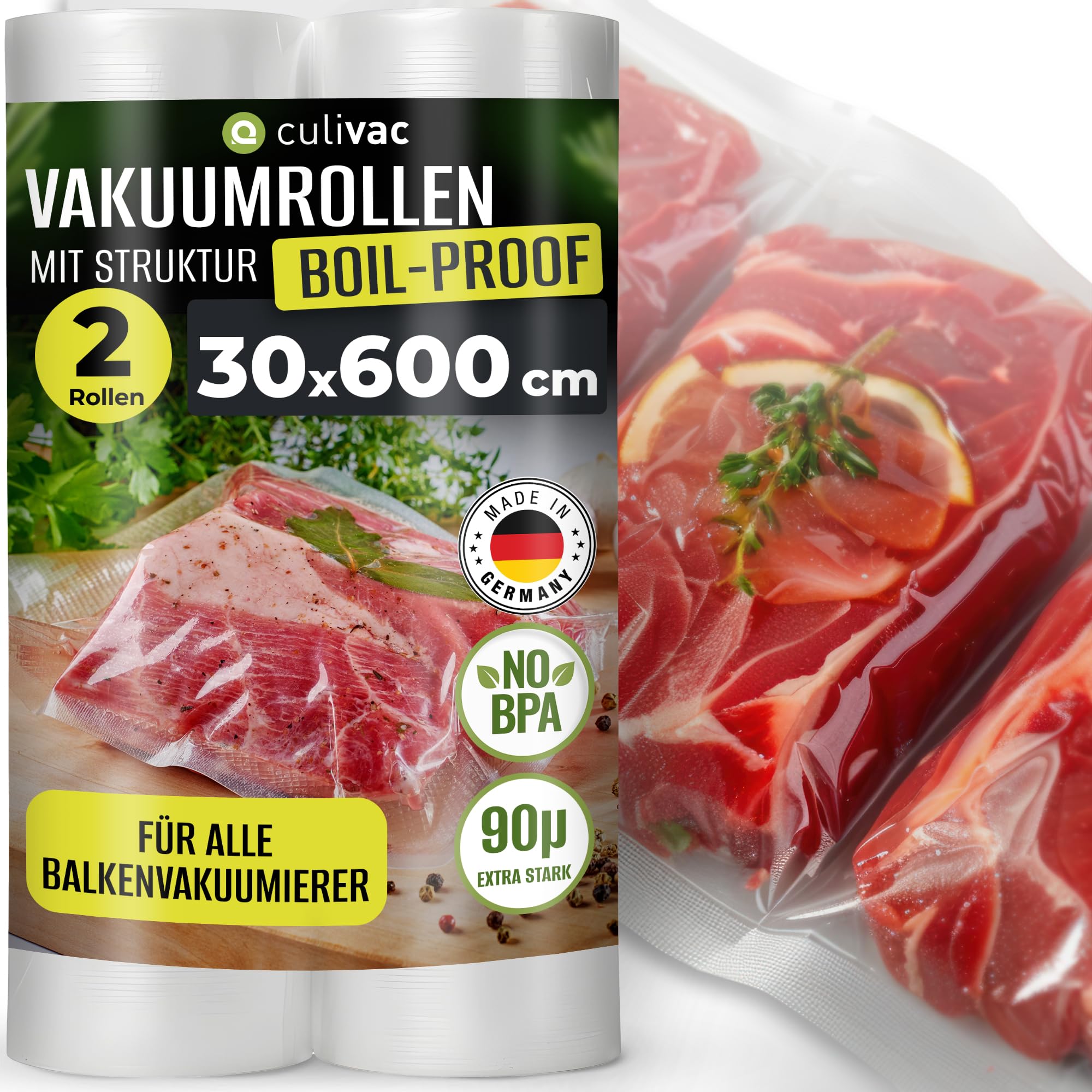 culivac Vakuumierfolienrollen Boilproof 2 Rollen 30x600cm, kochfest 100°C | Vakuumierrollen für Sous-Vide bei hoher Temperatur, zuschneidbar, BPA-frei, dicht, 6× längere Frische, Made in Germany