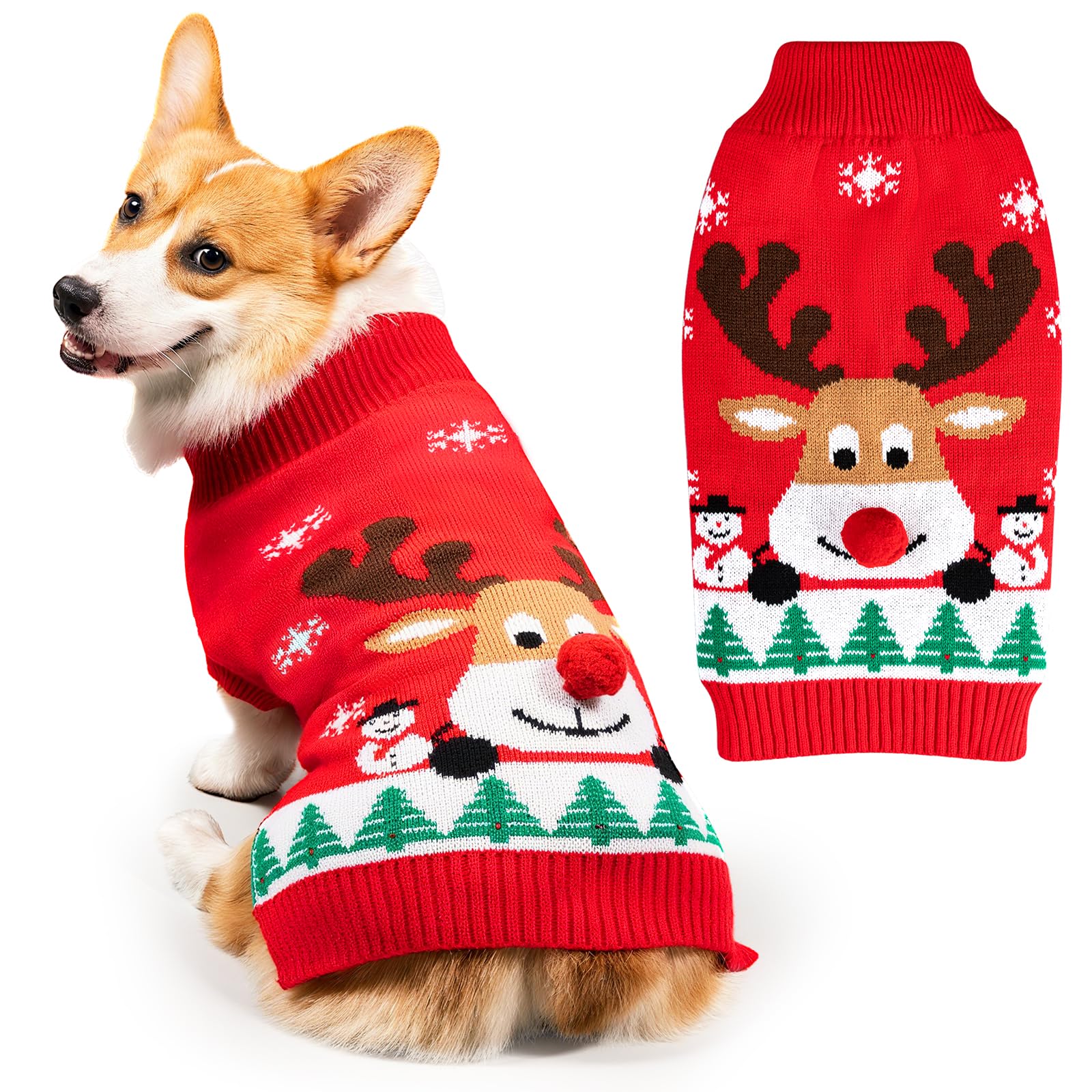 FWLWTWSS Christmas Dog Jumper, Reindeer Pattern Festive Puppy Sweater, Cute Xmas Party Outfit, Warm Knitted Winter Wear - Size S