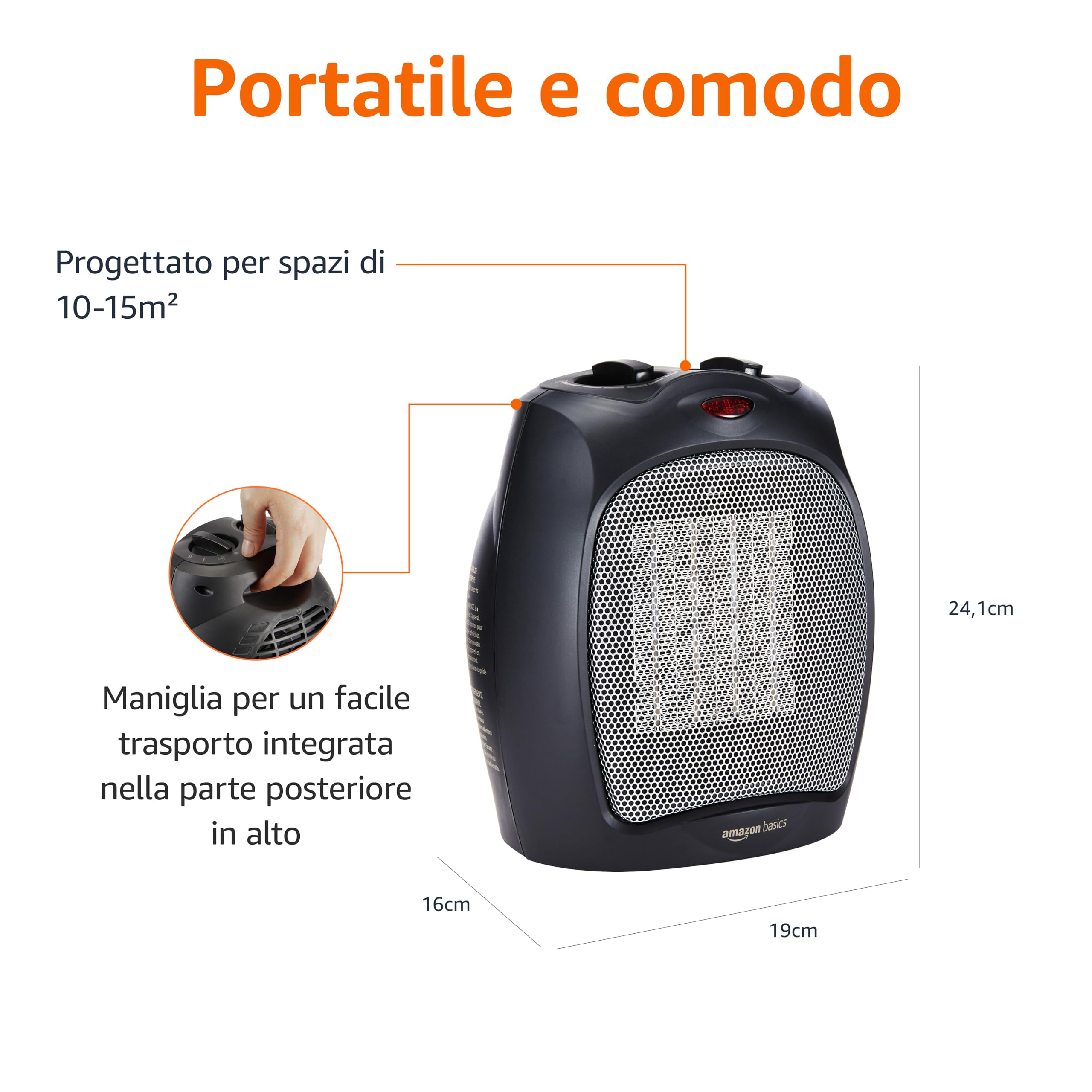 Amazon Basics Termoventilatore in ceramica da 1800 Watt con termostato regolabile - Nero