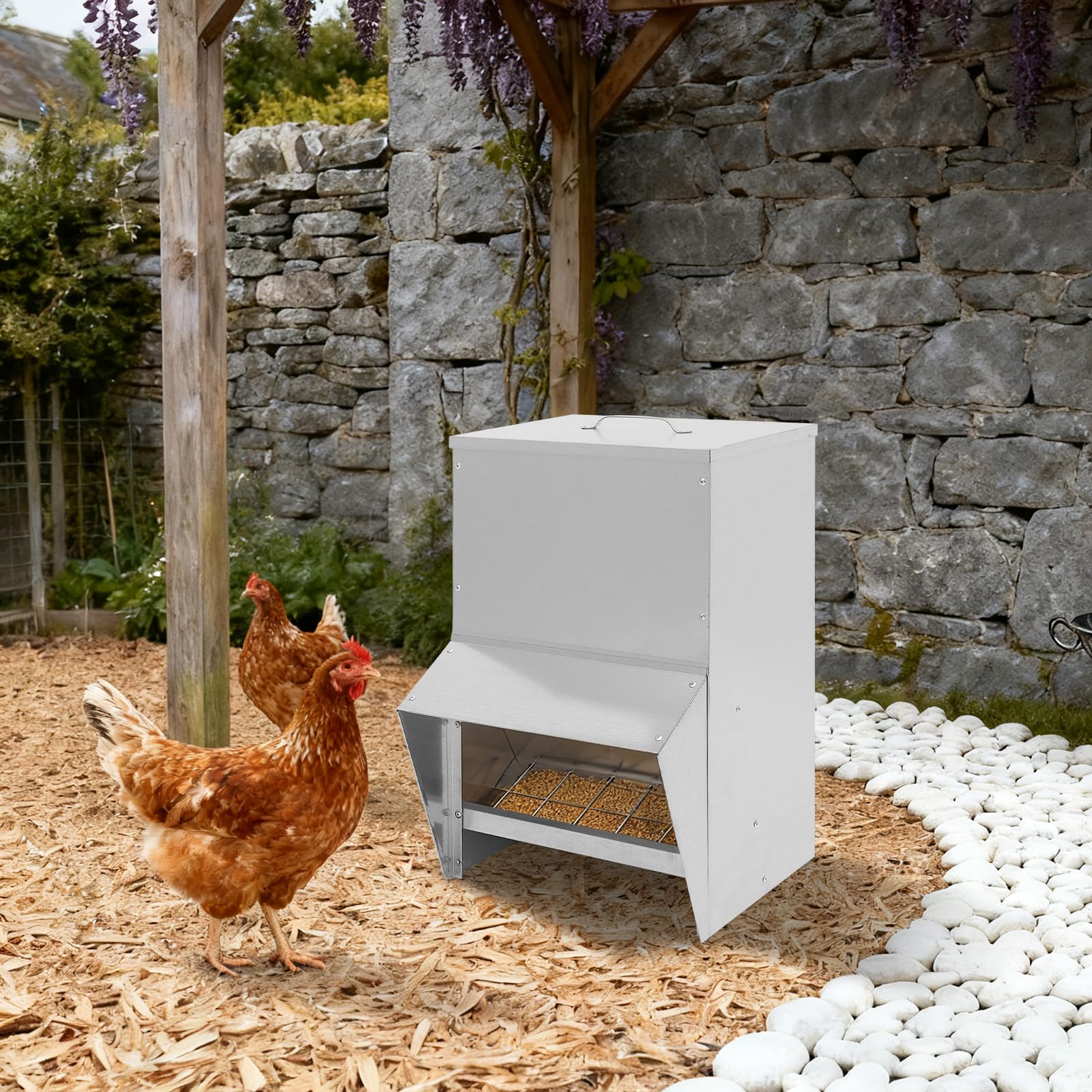 Comedero automático para pollos de metal, 35 x 26 x 54,5 cm, comedero automático para pollos, patos, dispensador automático de 25 L, con techo protector de lluvia, montaje en pared/instalación