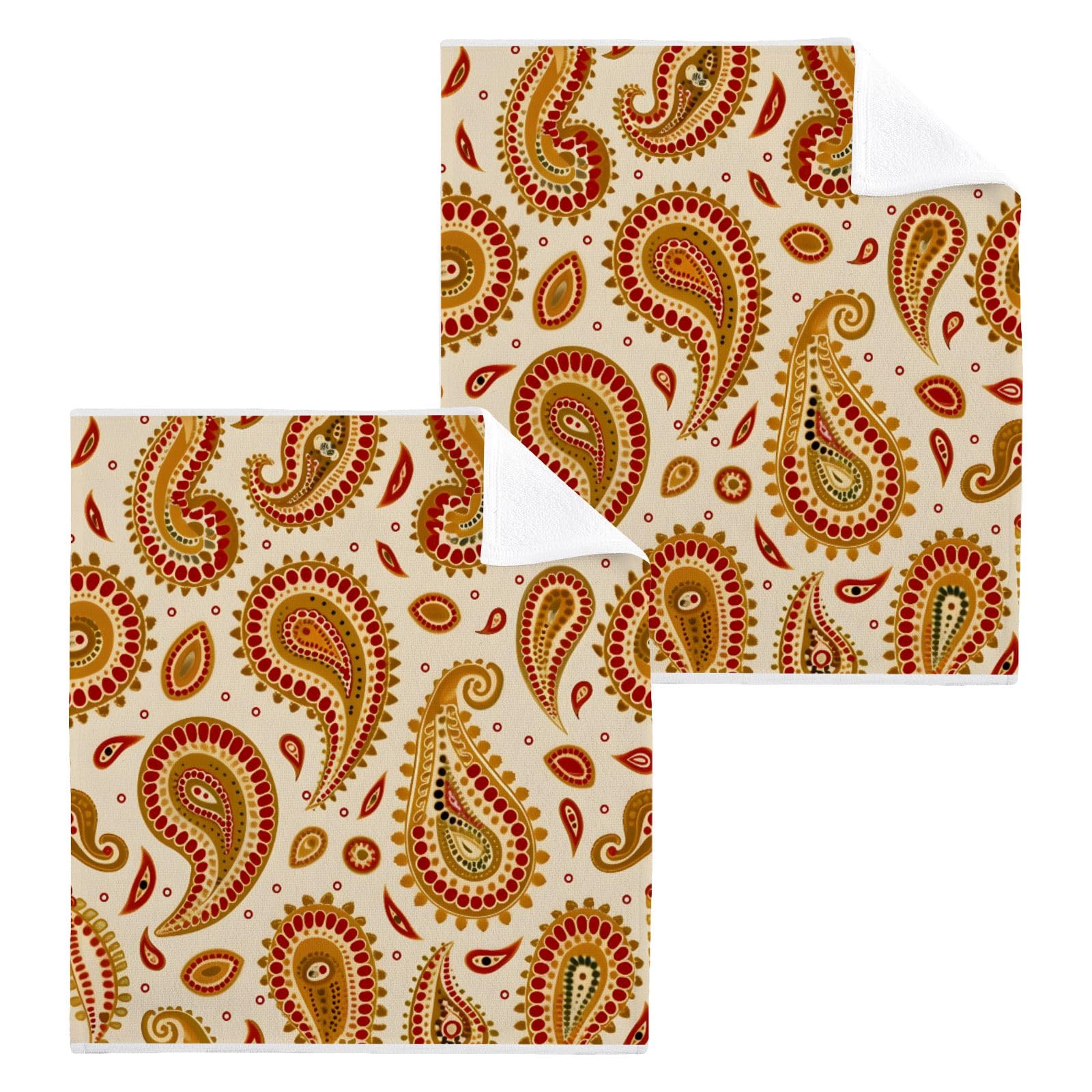 ALAZA Wash Cloth Set 100% Cotton Fingertip Towels Face Cloths Sets Paisley Indian Highly Absorbent Soft Feel Set of 2