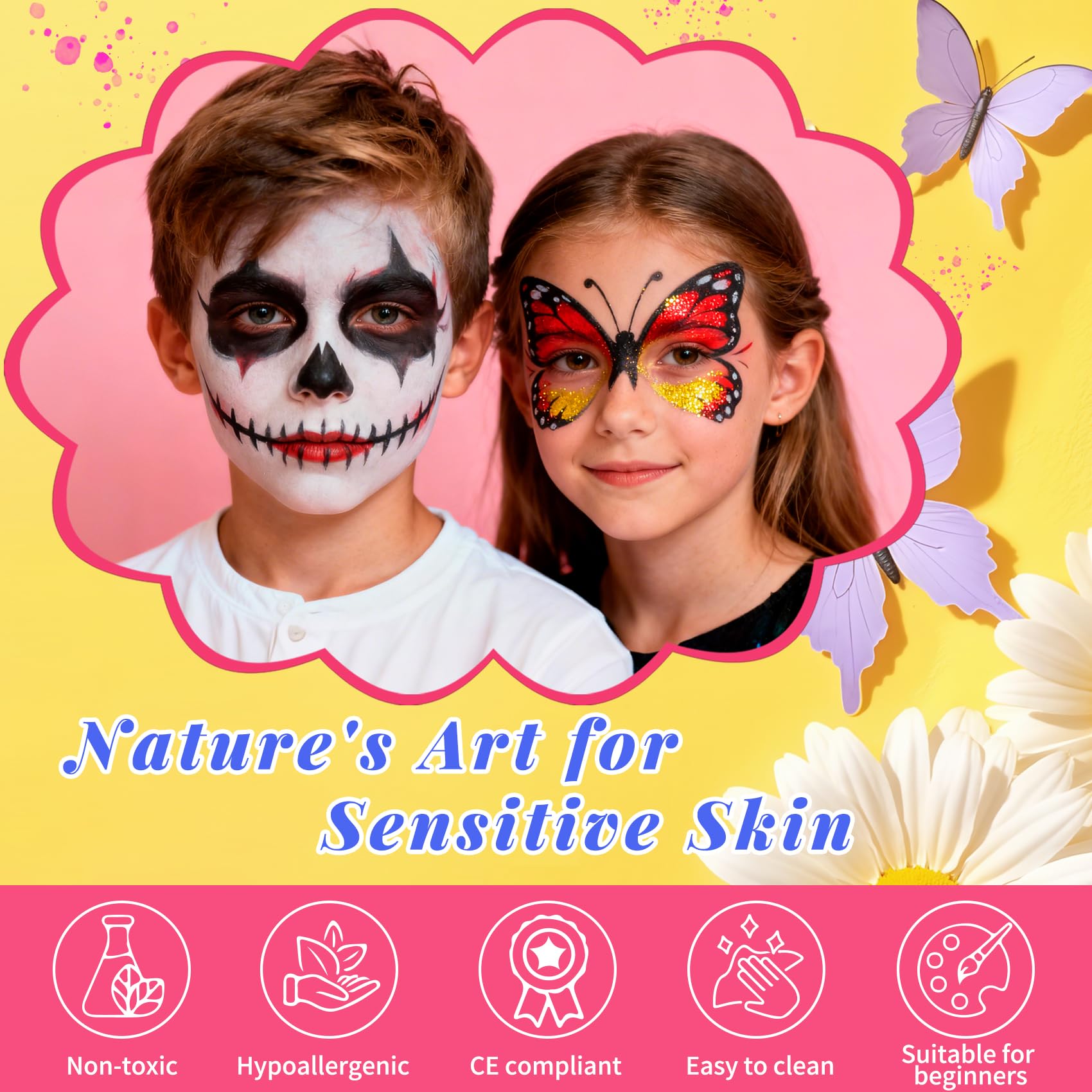 Mekkyes Truccabimbi Kit - 22 Colori Trucco Viso Bambini con 4 Colori Grandi e Adesivo per Tatuaggi, Truccabimbi kit Anallergici Atossici Body Painting per Halloween Carnevale Cosplay Natale