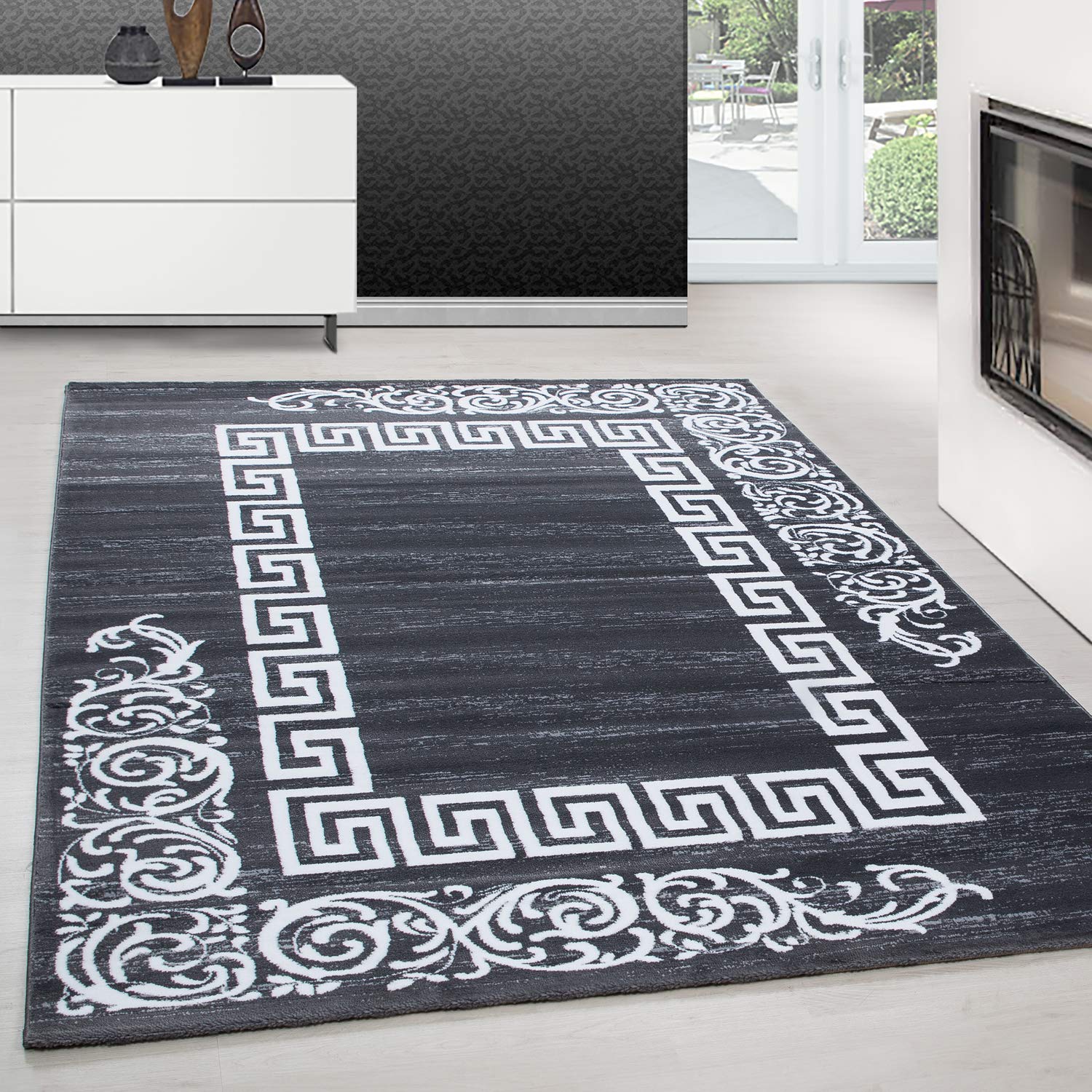 Teppium Moderner Kurzflor Teppich Wohnzimmer 250x350 (240 x 340 cm) Grau - Flauschiger Teppich Waschbar, Mäander-Design, Pflegeleicht, Weich