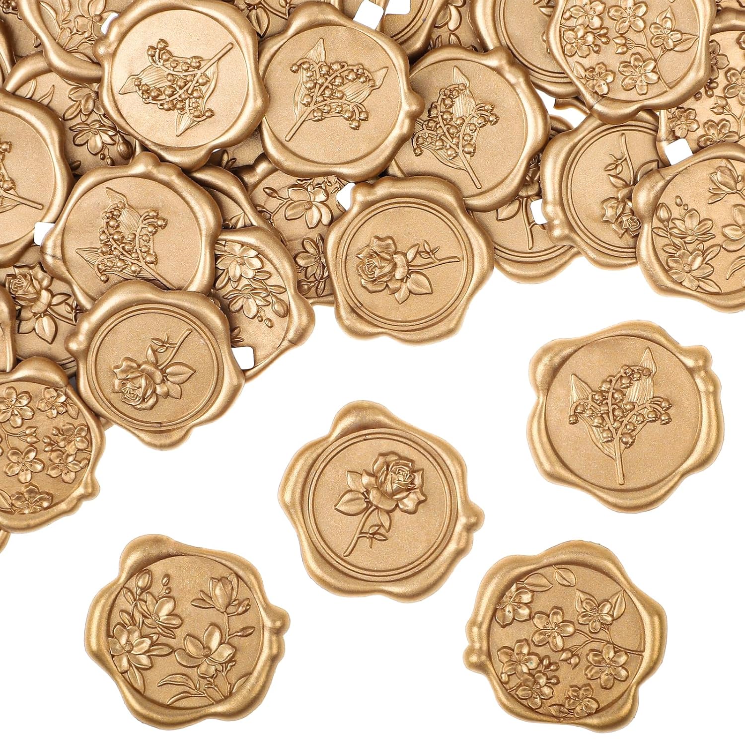 WSICSE 60Pcs Wax Seal Stickers, Wedding Invitation Envelope Seal Stickers Adhesive Backed Light Gold for Wedding, Party,Graduation,Mother's Day,Gift Wrapping (4 Flower Styles)