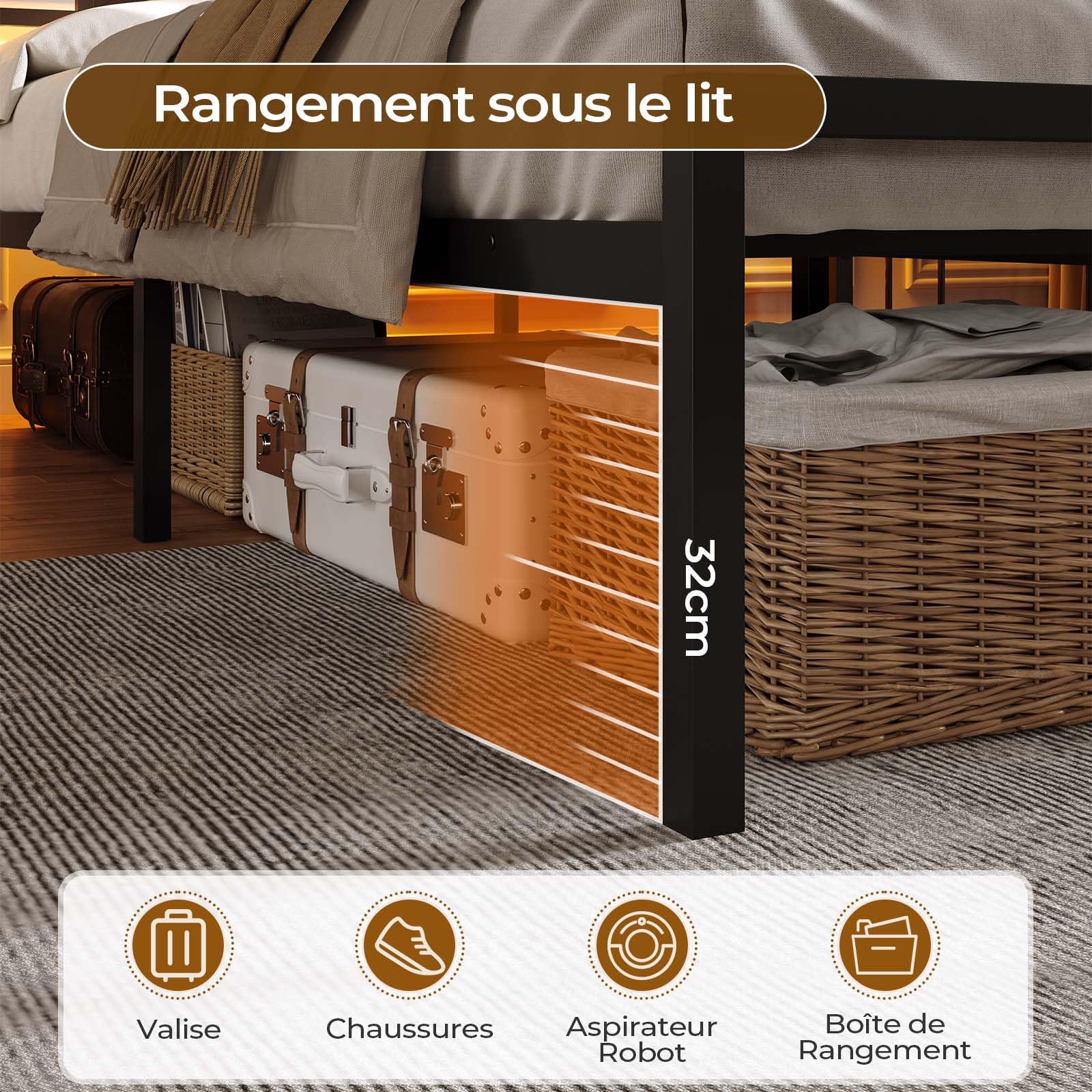DICTAC Lit Double 140x190 en Métal, Lits avec tête LED et 2Ports USB et Prise de Courant, Cadre de lit sommier 140x190 en métal avec Étagères de Rangement, 32cm Espace de Rangement,Marron Vintage