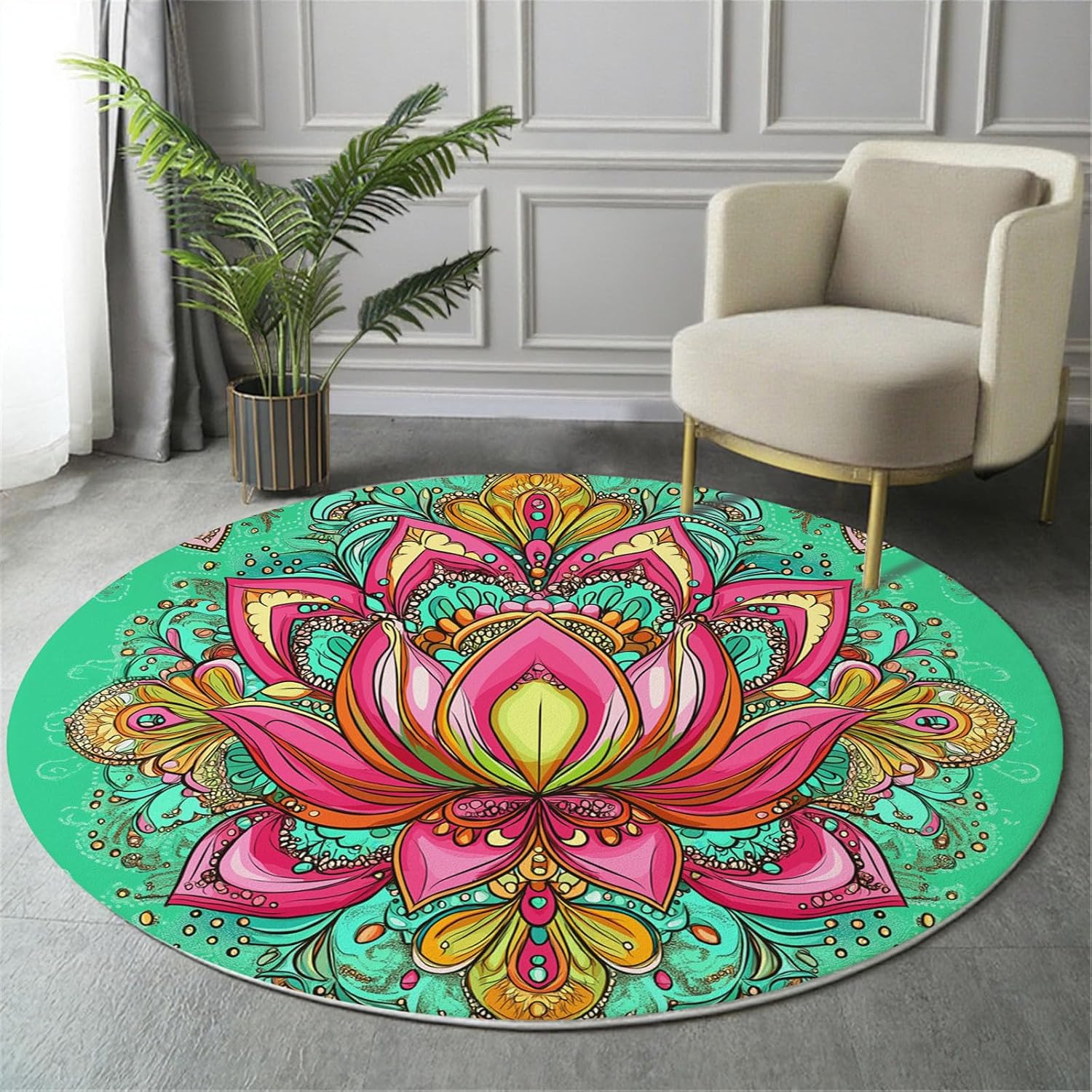 Mandala Lotus Illustration Round Rug 3Ft Area Rug Indoor Circle Round Washable Indian Art Style Non Slip Carpet for Living Room Dining Room Bedroom Entryway Office Decor Turquoise