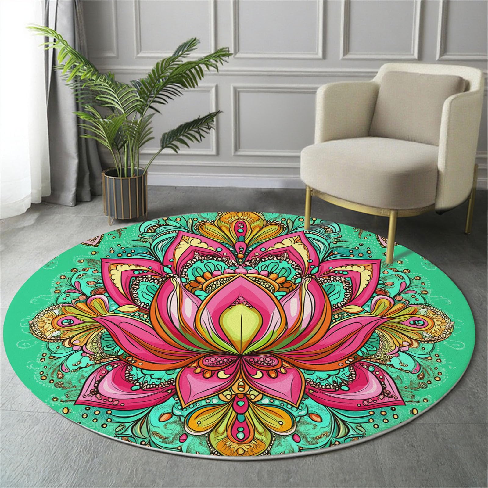 Tapis rond 200cm turquoise de salon lavable en machine style mandala