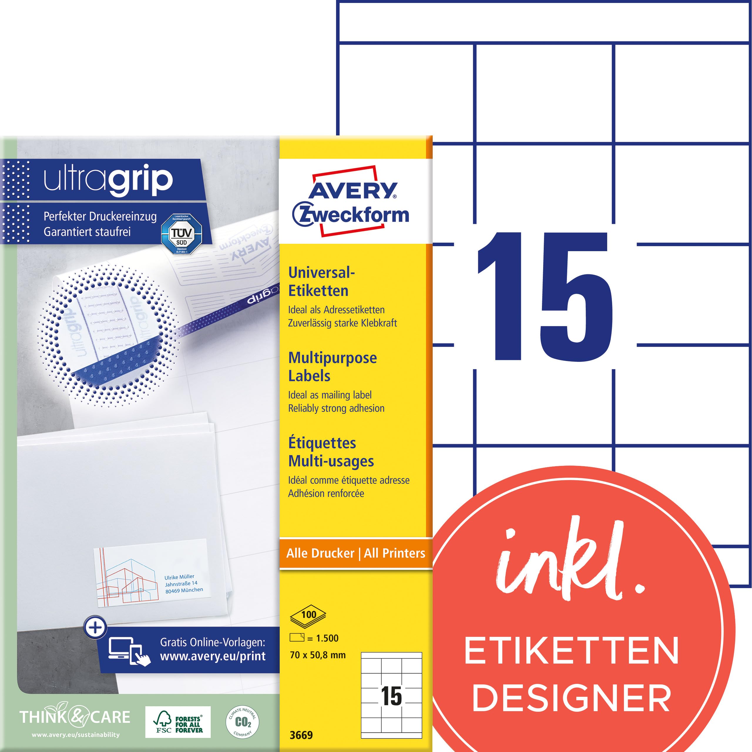 AVERY Zweckform 3669 Adressaufkleber – 1.500 selbstklebende Etiketten, 70 × 50,8 mm, A4, mattes Papier