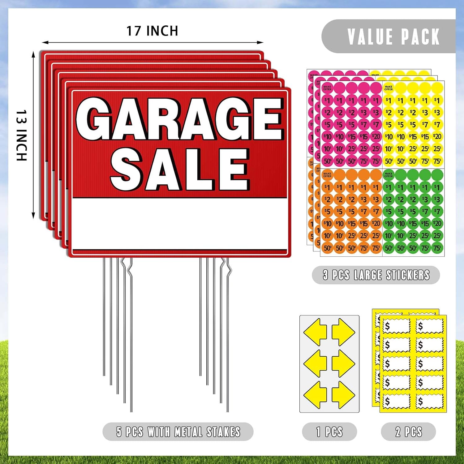 Garage Sale Kit (10 Pcs), 5 Pack Garage Sale Signs with Metal Stakes, 5 Pack Yard Sales Price Stickers, Directional Arrows Sign, Yard Sales Supplies, Double Sided, Weatherproof, Large Price Tags