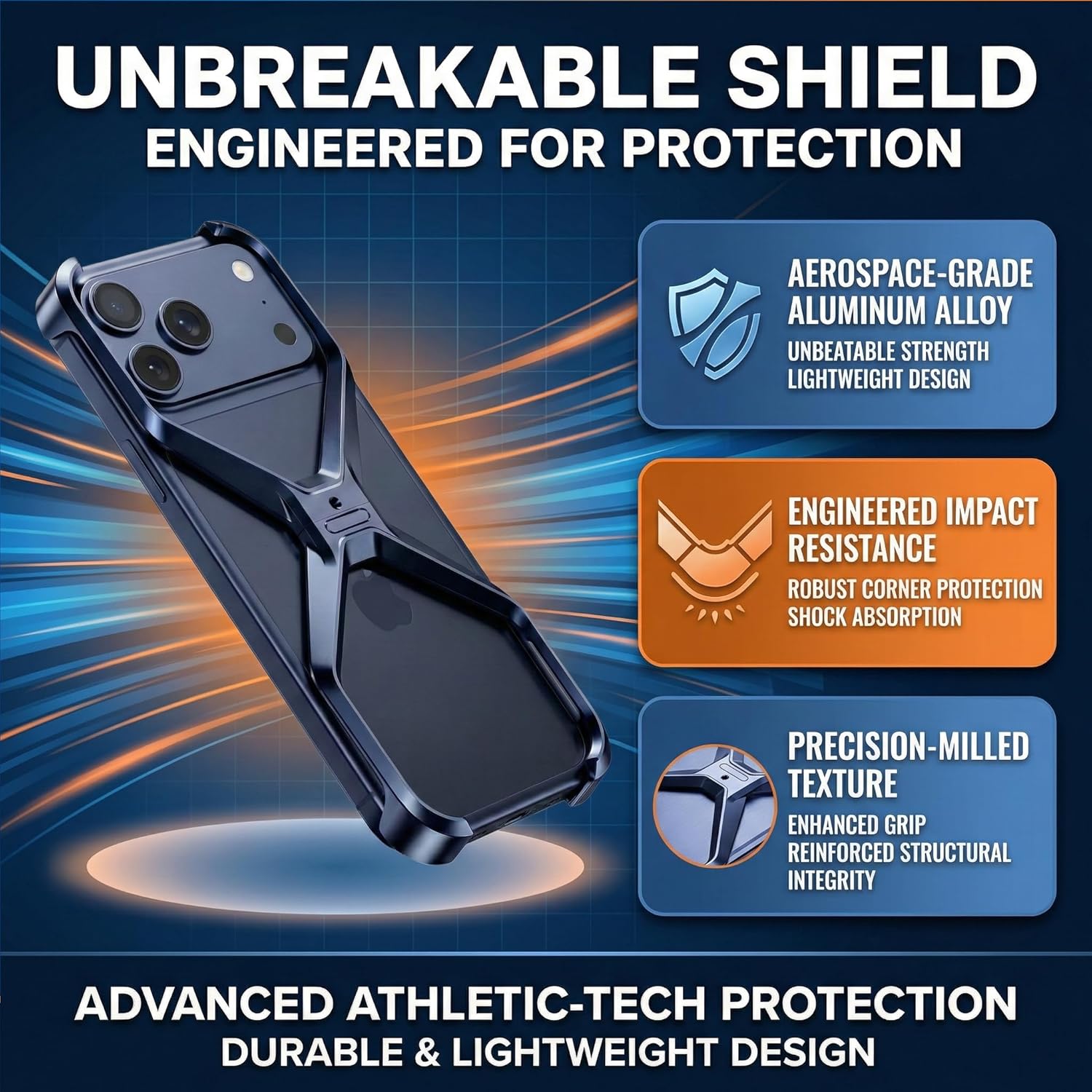 for iPhone 17 Pro Max X-Frame Frameless Bumper Case, Open-Side Metal Border, Airflow Channel Structure, Slim Lightweight Hand Feel, Blue