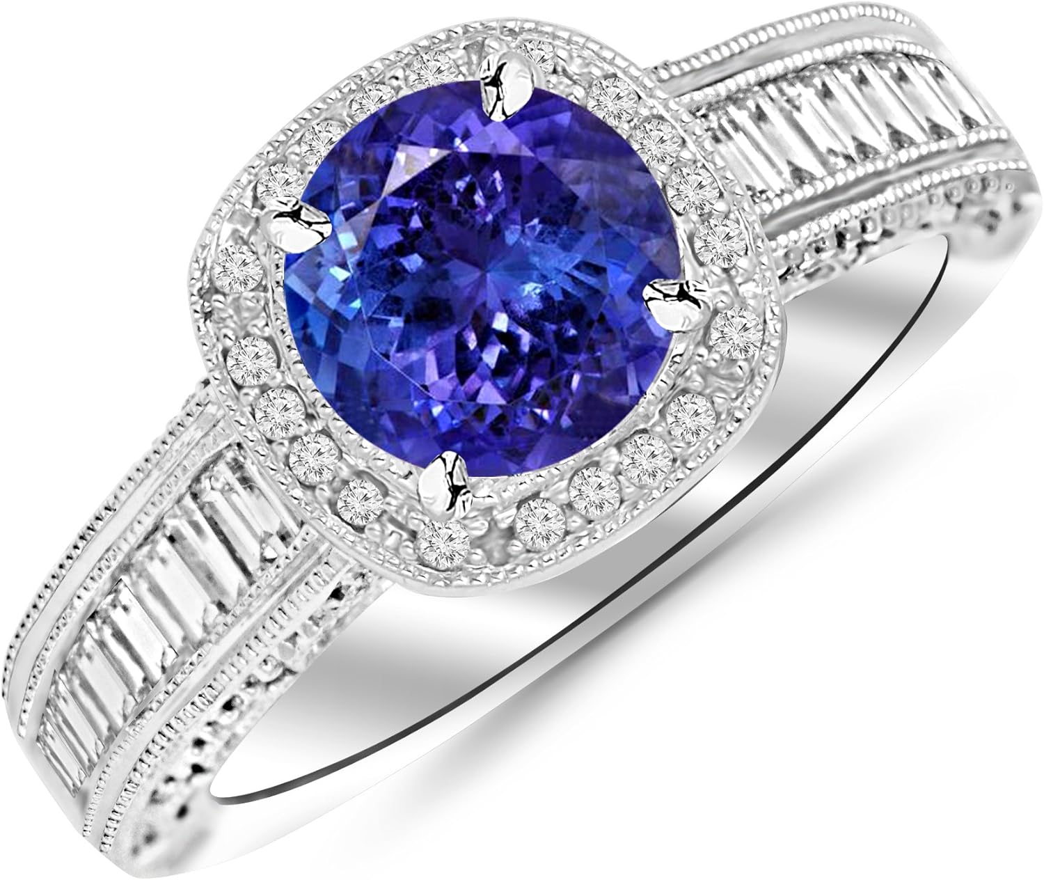 1.45 Carat 14K White Gold Designer Baguette and Round Cushion Shape Halo Diamond Engagement Ring with a 0.75 Carat Natural Tanzanite Center (Heirloom Quality)