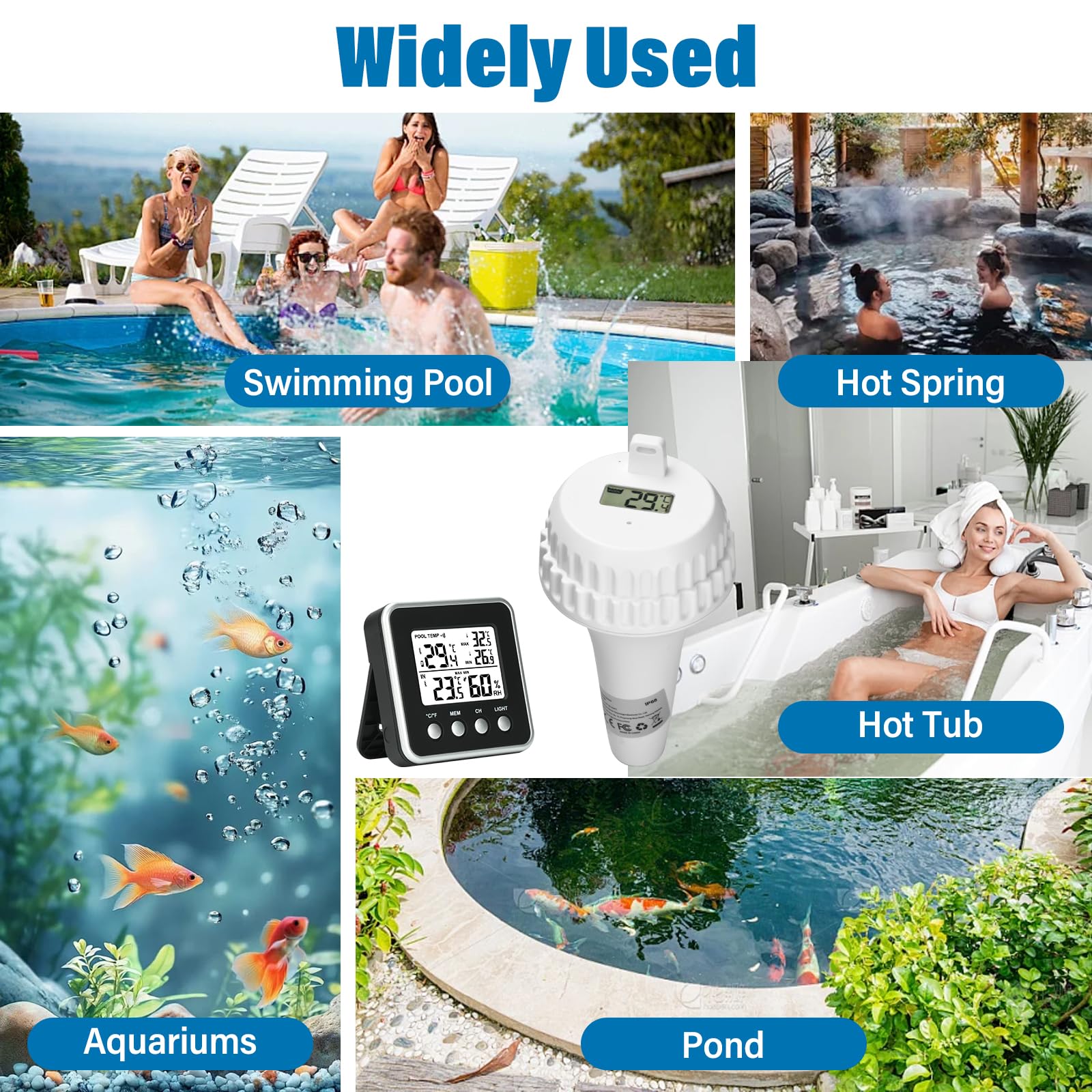Aideepen Termometro radio per piscina, termometro digitale con sensore di galleggiamento, commutazione °F/℃ per uso in piscine, vasche da bagno, stagni e spa
