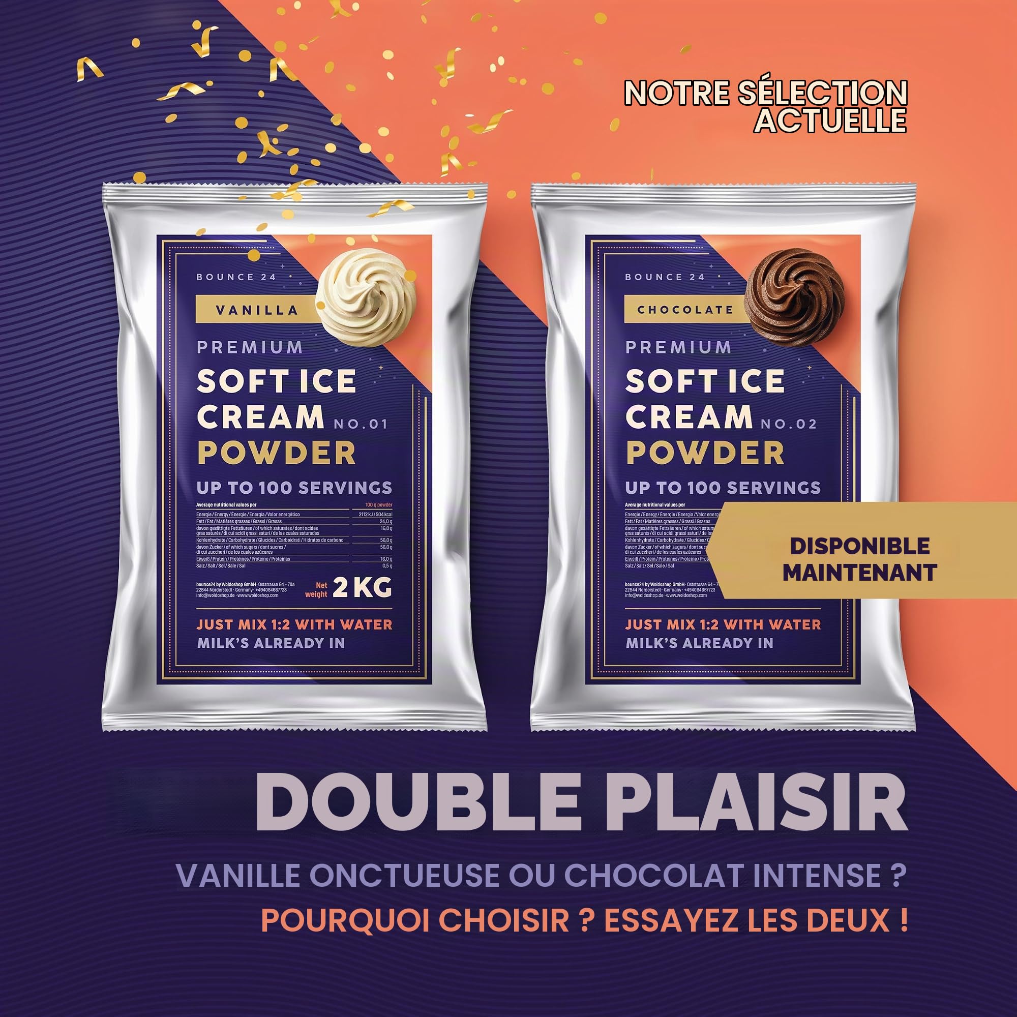 Bounce24 Préparation Glace Italienne Chocolat 2 kg en Poudre 100 Boules | Avec 20% de cacao et lait entier en poudre, juste de l'eau, crémeux comme chez le glacier, jusqu'à 100 portions