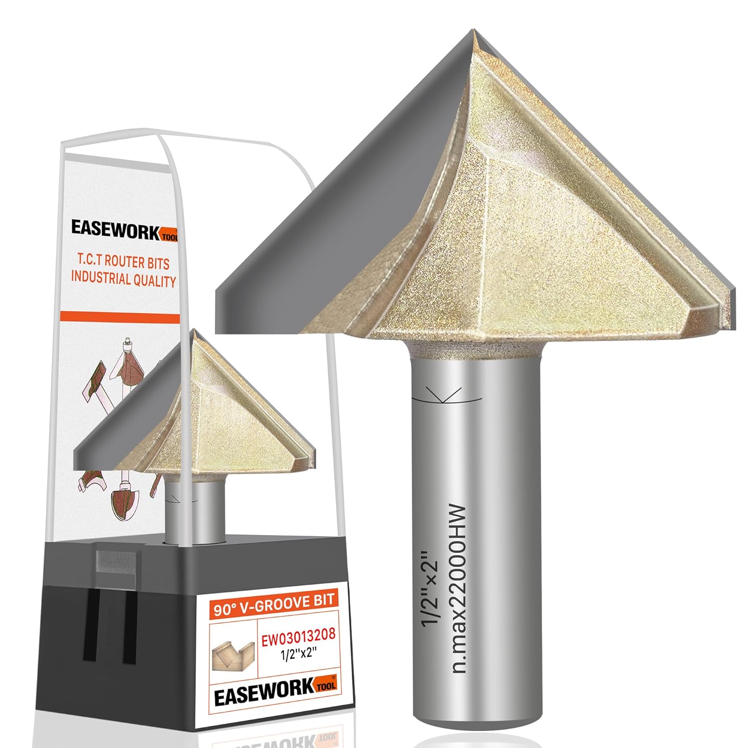 EASEWORK TOOL 90° V-Groove Router Bit, Professional-Grade Carbide Tipped, Woodworking Grooving – 1/2" Shank × 2" Diameter × 1-11/64" Cutting Depth