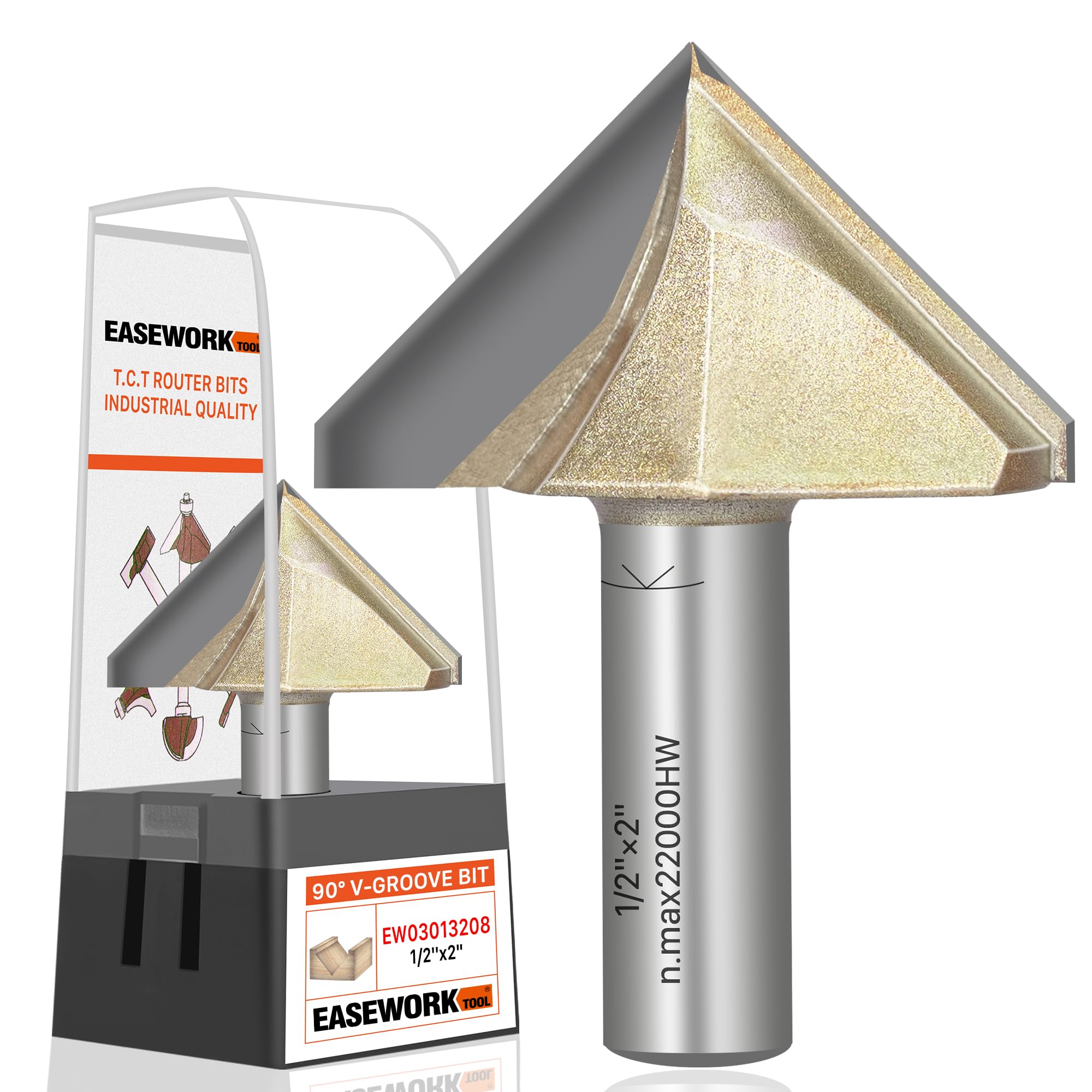 EASEWORK TOOL Punta per fresa a V a 90°, punta in carburo di grado professionale, scanalatura per lavorazione del legno, codolo da 1/2" × diametro 2" × profondità di taglio 1-11/64"