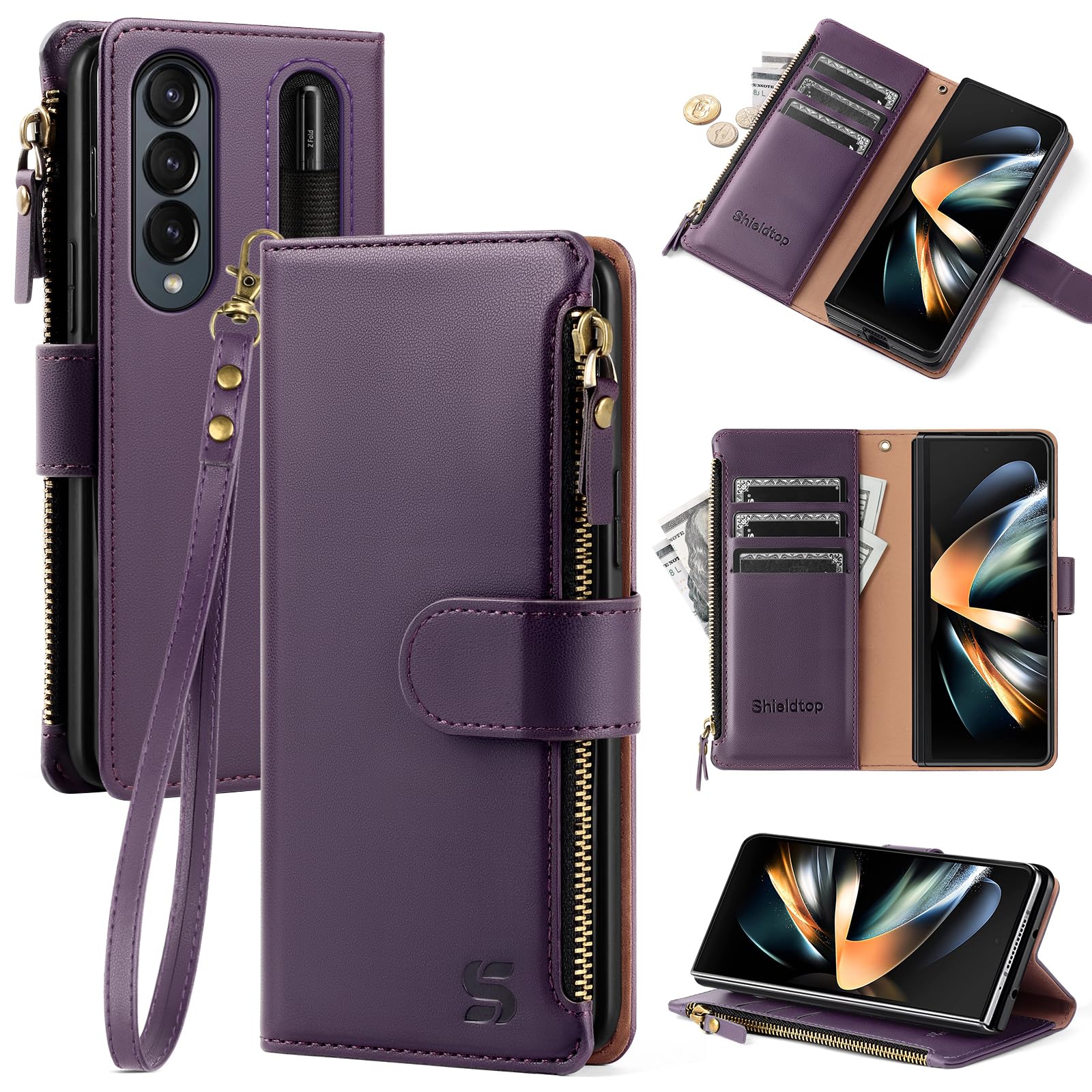 Shieldtop Compatible with Samsung Galaxy Z Fold 4 5G Wallet Case with S Pen Holder,Women Man RFID Blocking PU Leather Flip Phone Case Protective Cover