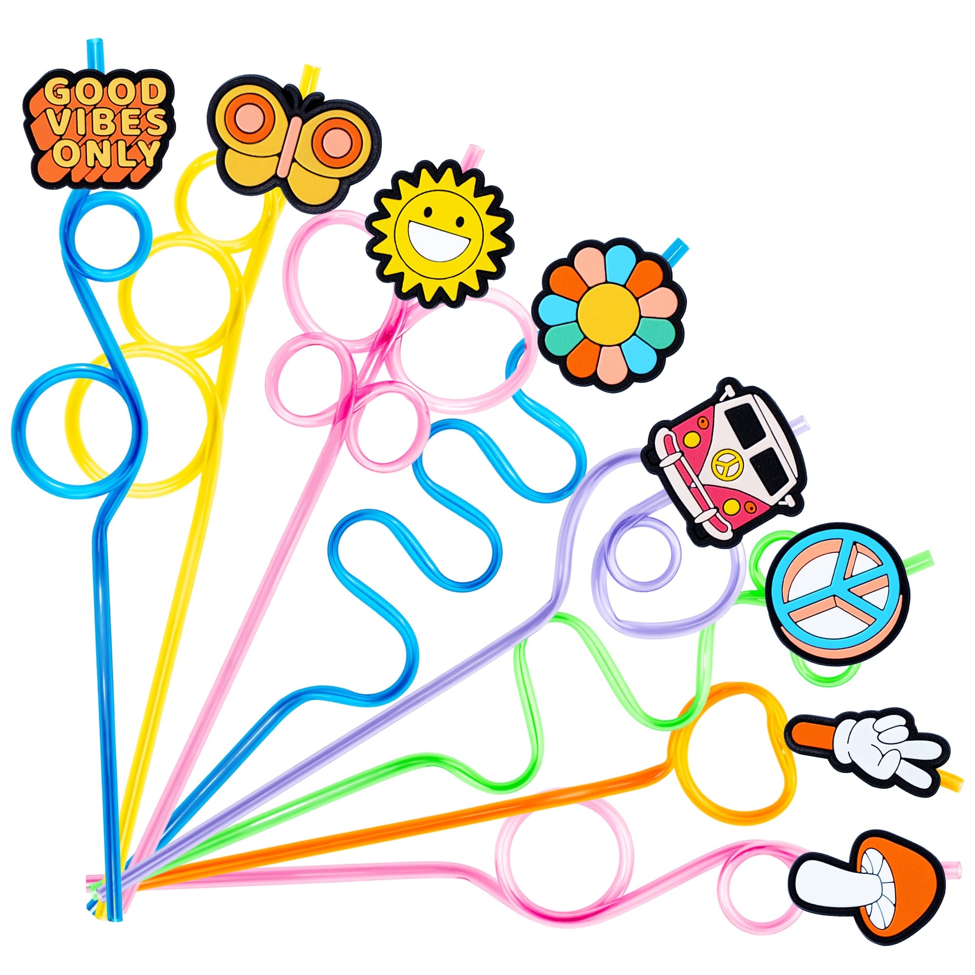 50PCS Hippie Party Favor Birthday Party Supplies 24PCS Hippy Reusable Crazy Straws 24PCS Groovy Charms Retro Boho PVC Decorations for Kids Girls Boys Party Favors Gifts with 2 Cleaning Brushes