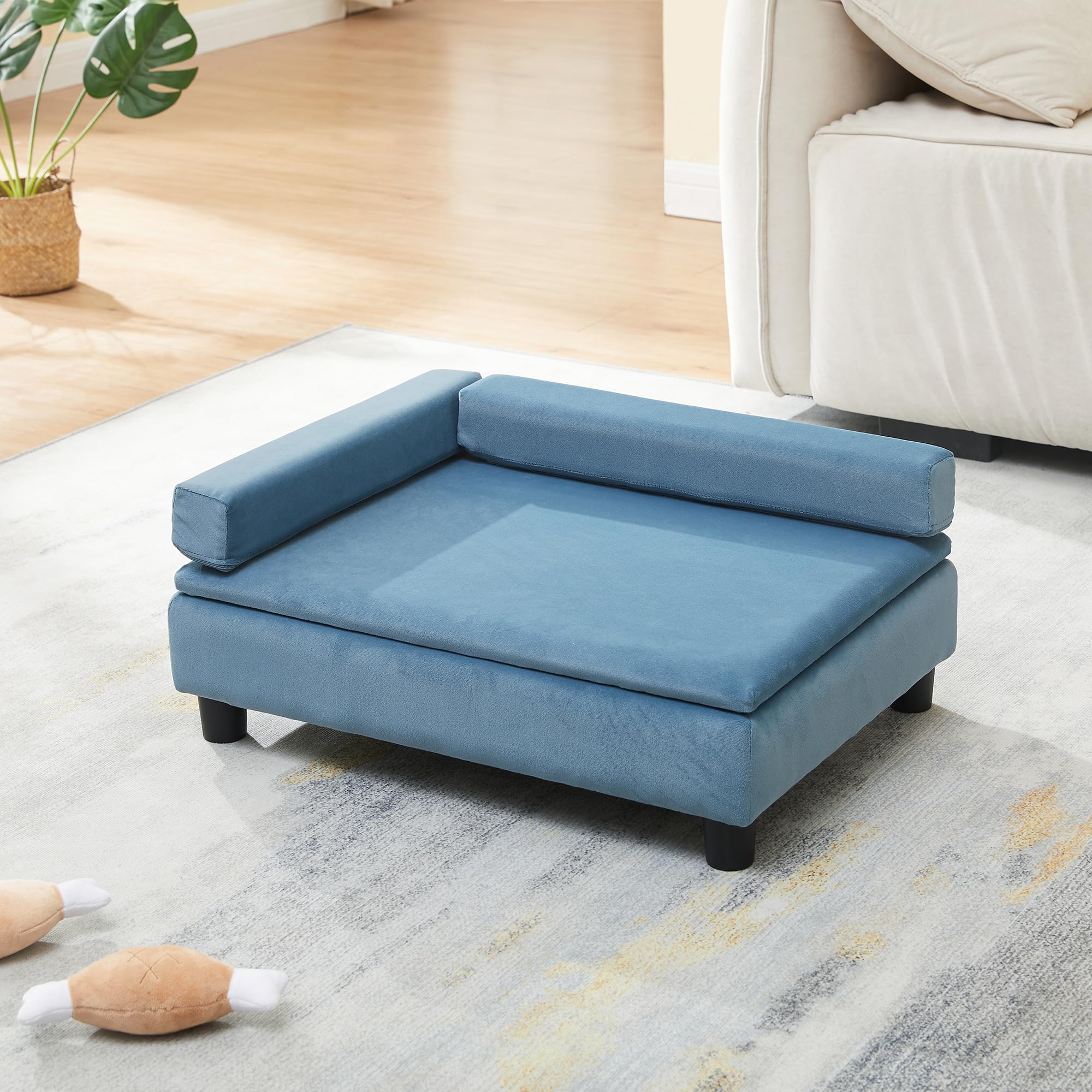 [en.casa] Cama Perro Salkonssad con Almacenamiento Oculto Sofá para Mascota Gato Pequeño/Mediano con Laterales Desmontables MDF Terciopelo 60x45x24cm Azul
