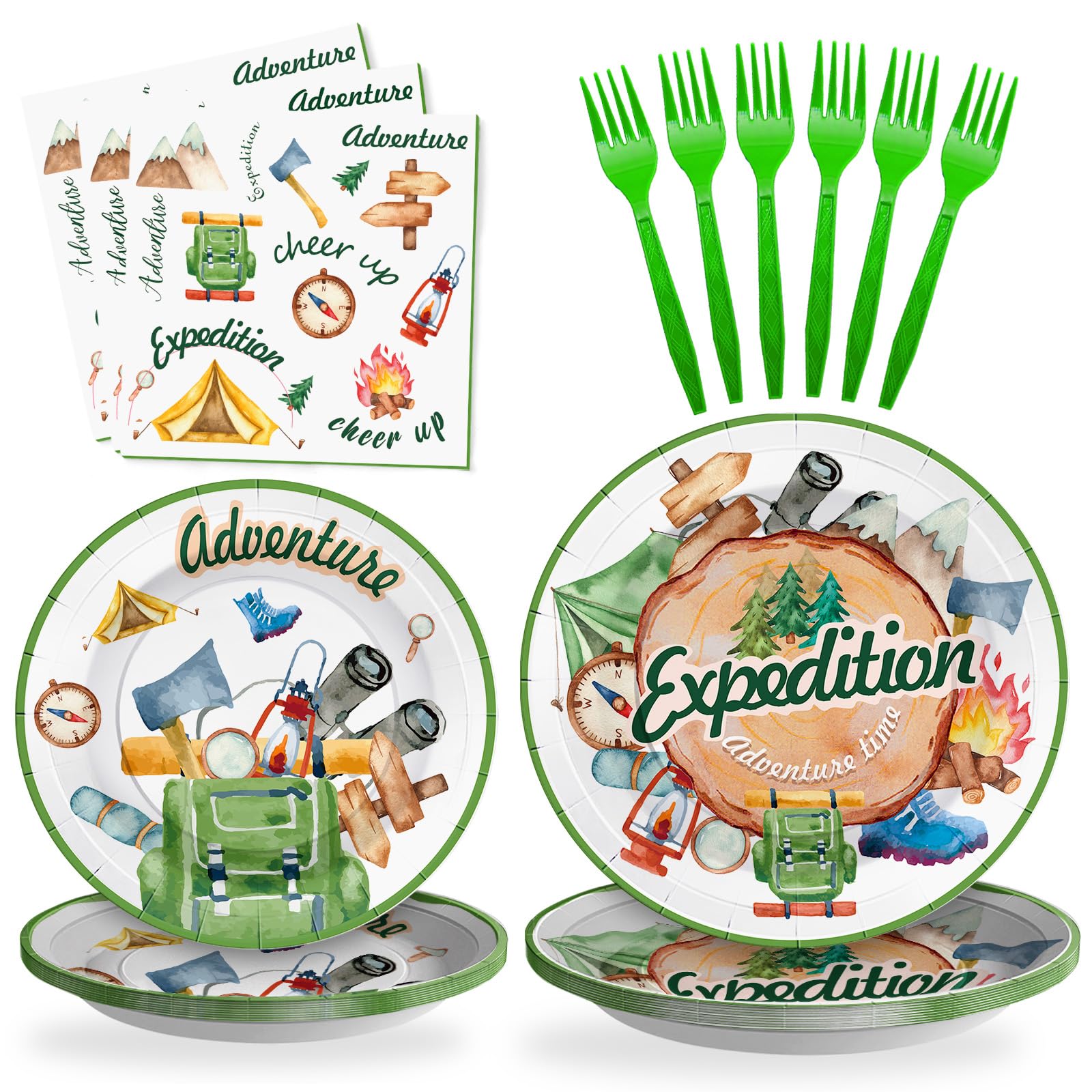 SCIONE 96PCS Adventure Plates and Napkins Party Supplies, Adventure Awaits Baby Shower Birthday Party Decorations Camping Theme Adventure Party Tableware Set for Serves 24 Guests