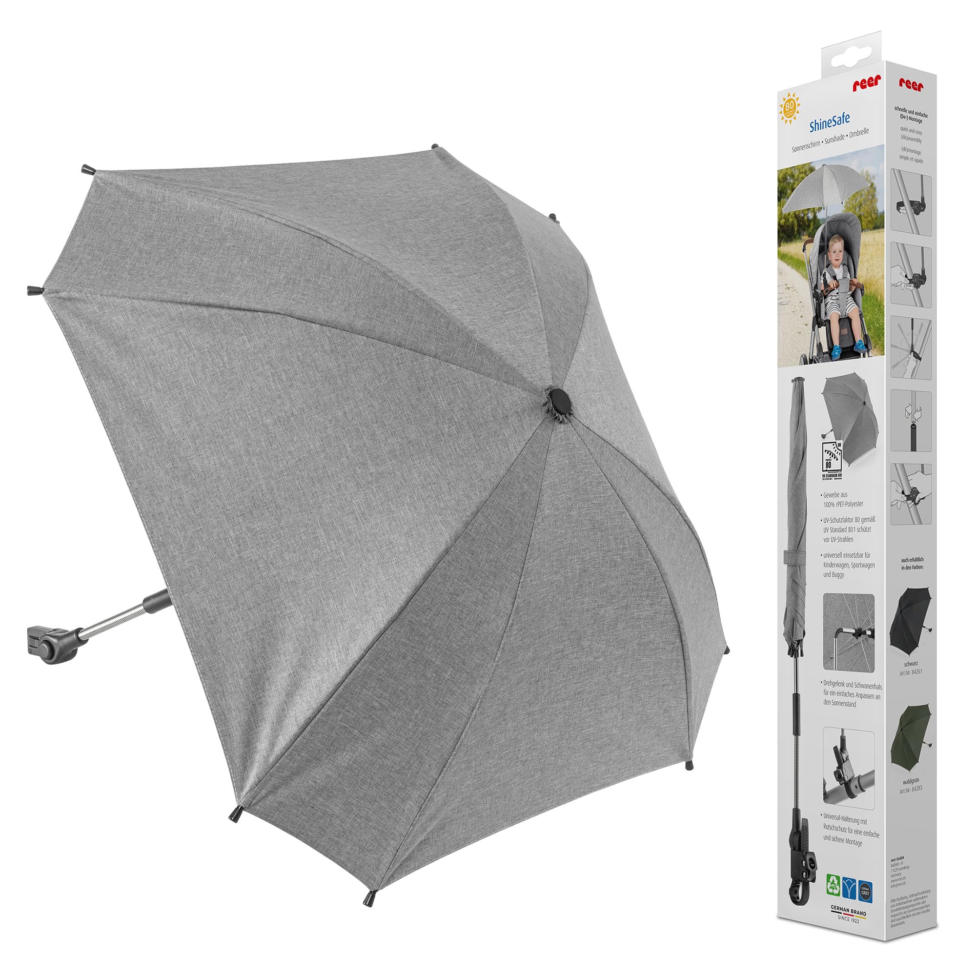 reer ShineSafe Kinderwagen-Sonnenschirm | UV-Schutz (UPF 80+) | universal passend für Kombi- & Sportwagen | Sonnenschutz mit Drehgelenk | aus 100% rPET-Polyester | Einfache Anbringung | Grau-Melange