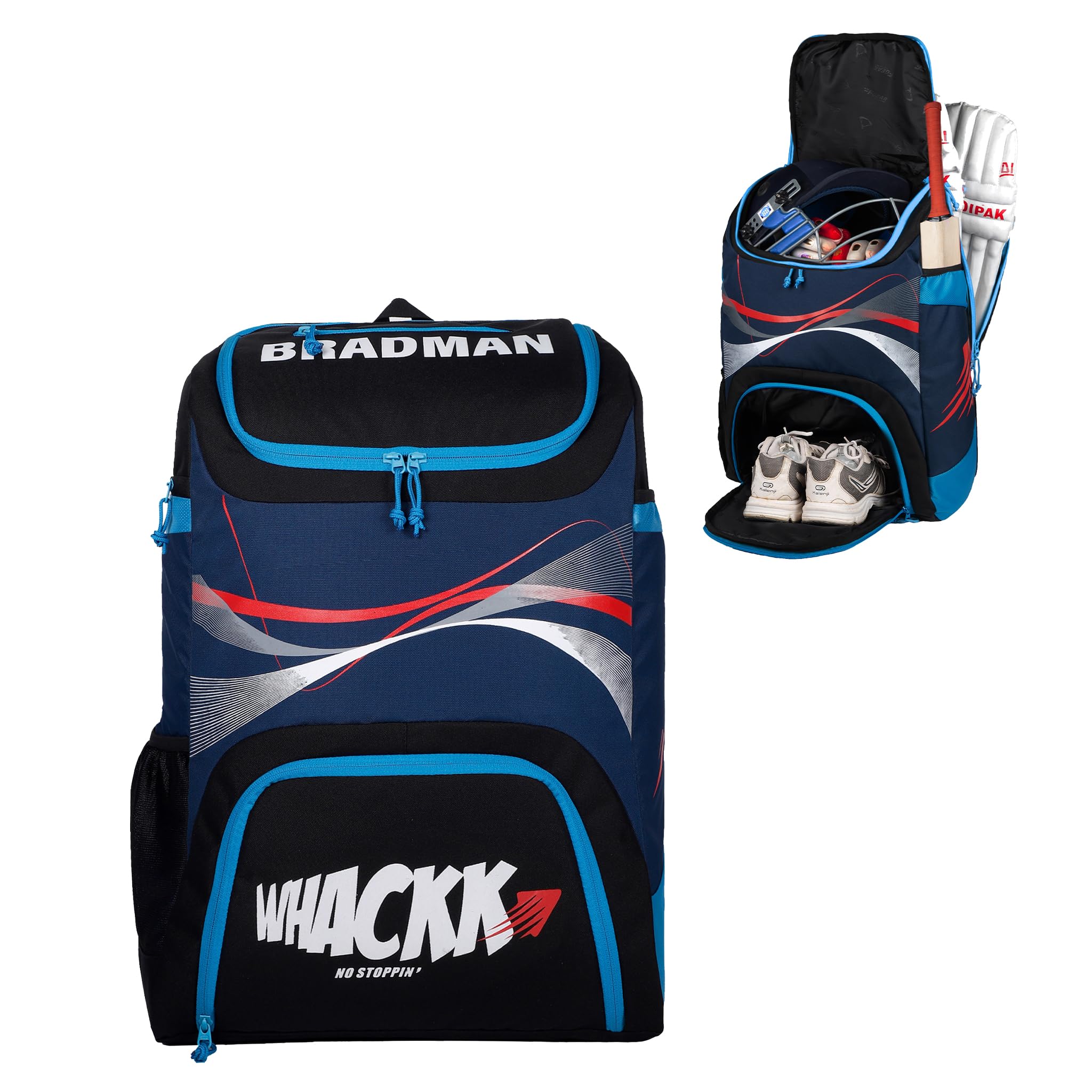WHACKK Bradman Navy Blue Junior Cricket Kitbag |Player Edition 2 Bat Pocket Shoe Pocket |Big Main Comp Fit 13.75 inch Leg Pad |Bottle Holders |Easy Access Pocket