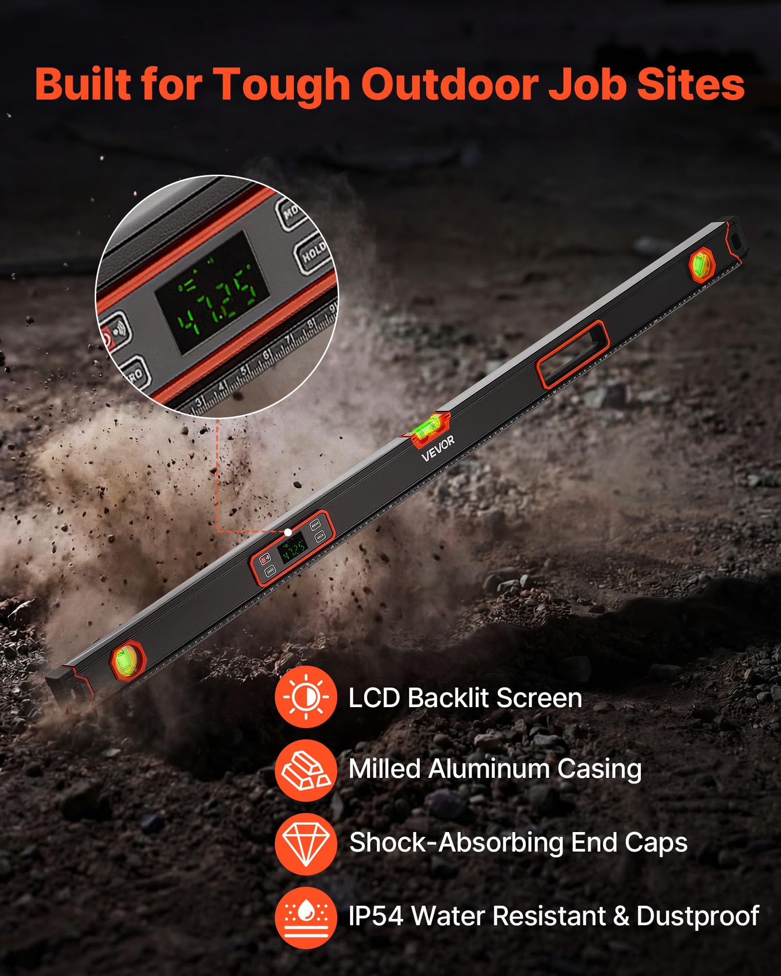 VEVOR Livella Digitale 1200 mm, Inclinometro Elettronica Magnetica ad Alta Precisione con Display LED Retroilluminato, Misurazione a 360°, Fiale a Bolla a 0°/45°/90°, IP54 per Edilizia e Falegnameria