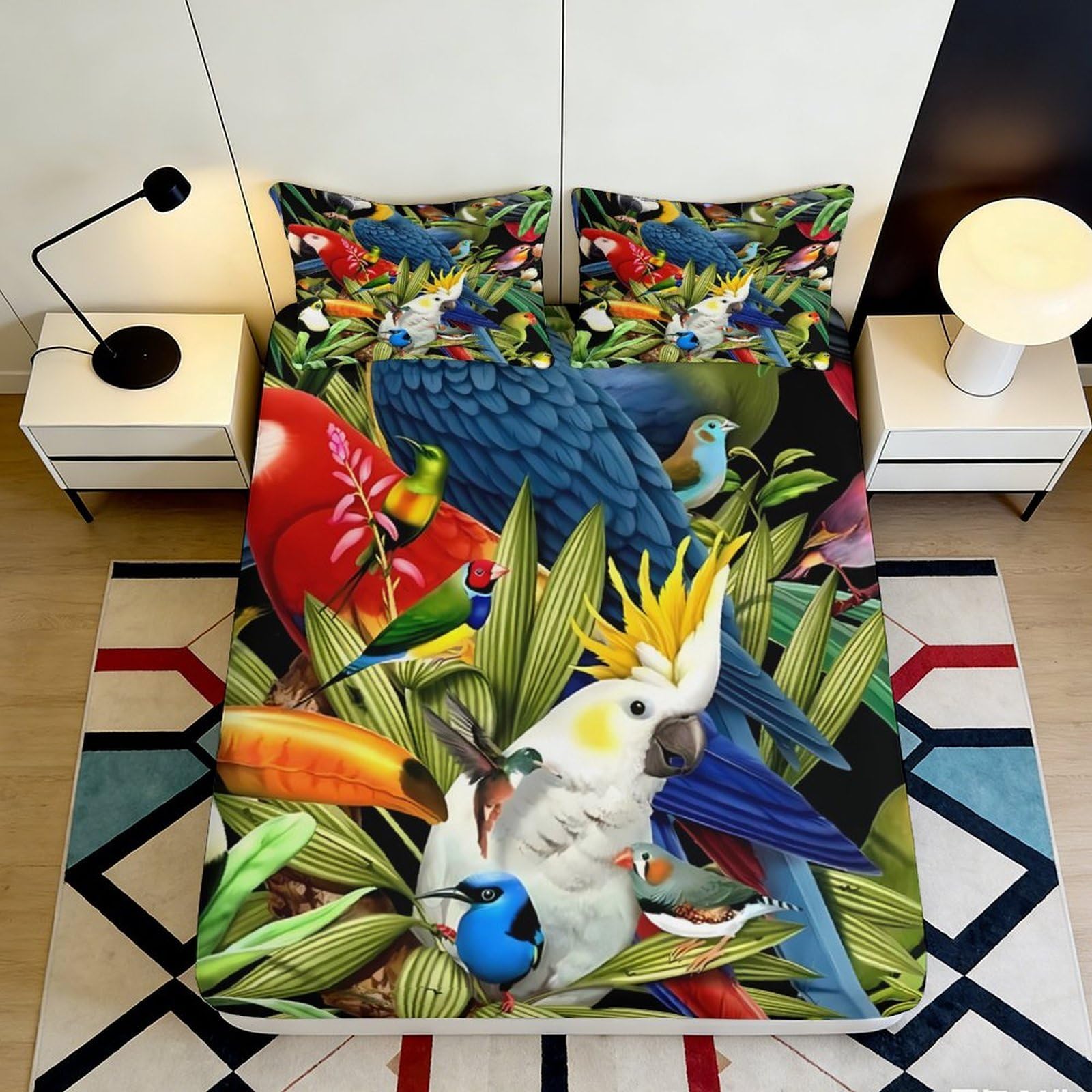 3D Printed Tropical Parrot Fitted Sheet Microfiber Colorful Bird Mattress Cover for Bedroom Guest Room Decor 115 90x200x25cm