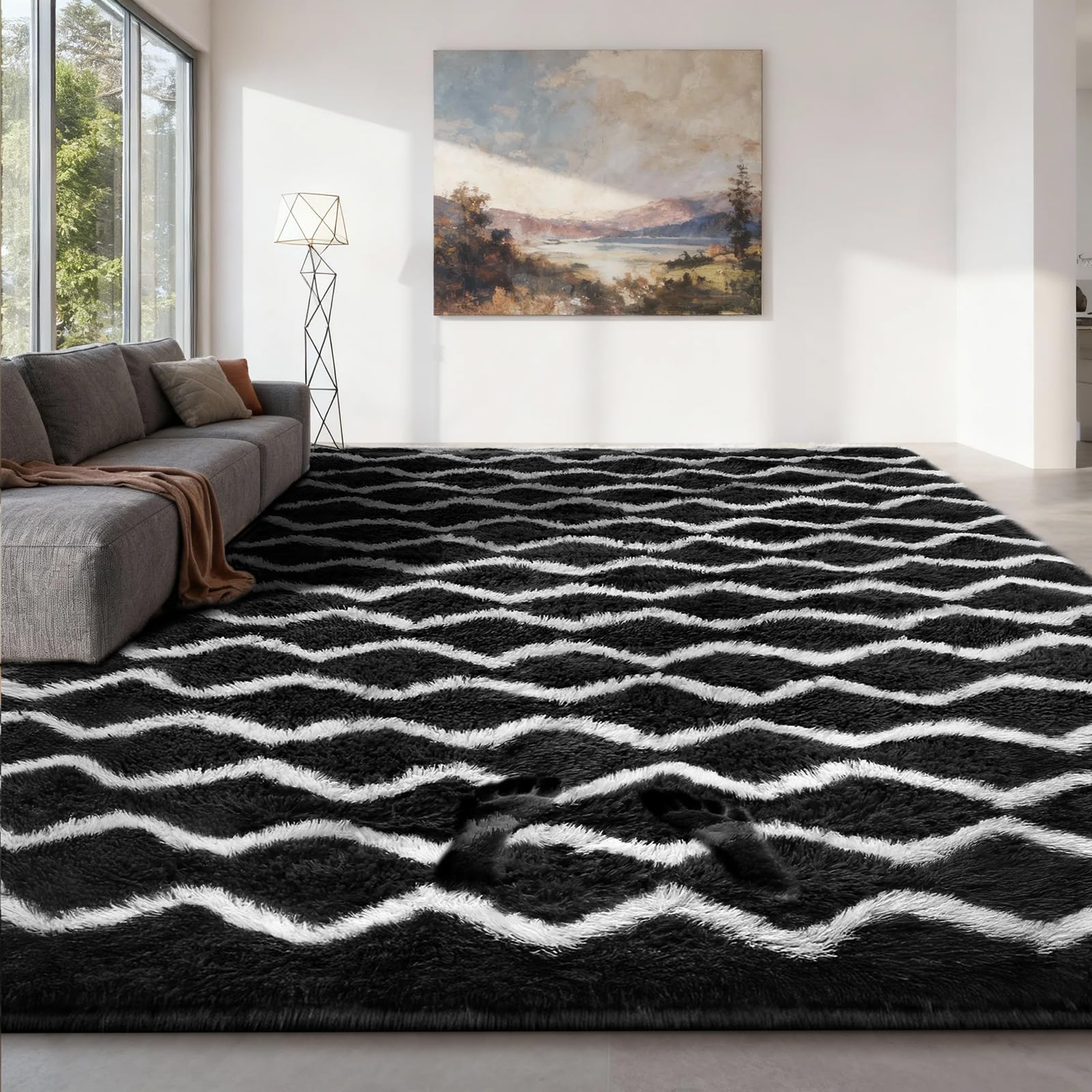 Sour Lemon Alfombra Salón Pelo Largo a Rayas, Alfombra Shaggy Grande Antideslizante para Dormitorio, habitación de los niños, Alfombra Lavable Moderna y Suave, En Blanco y Negro, 160x230 cm