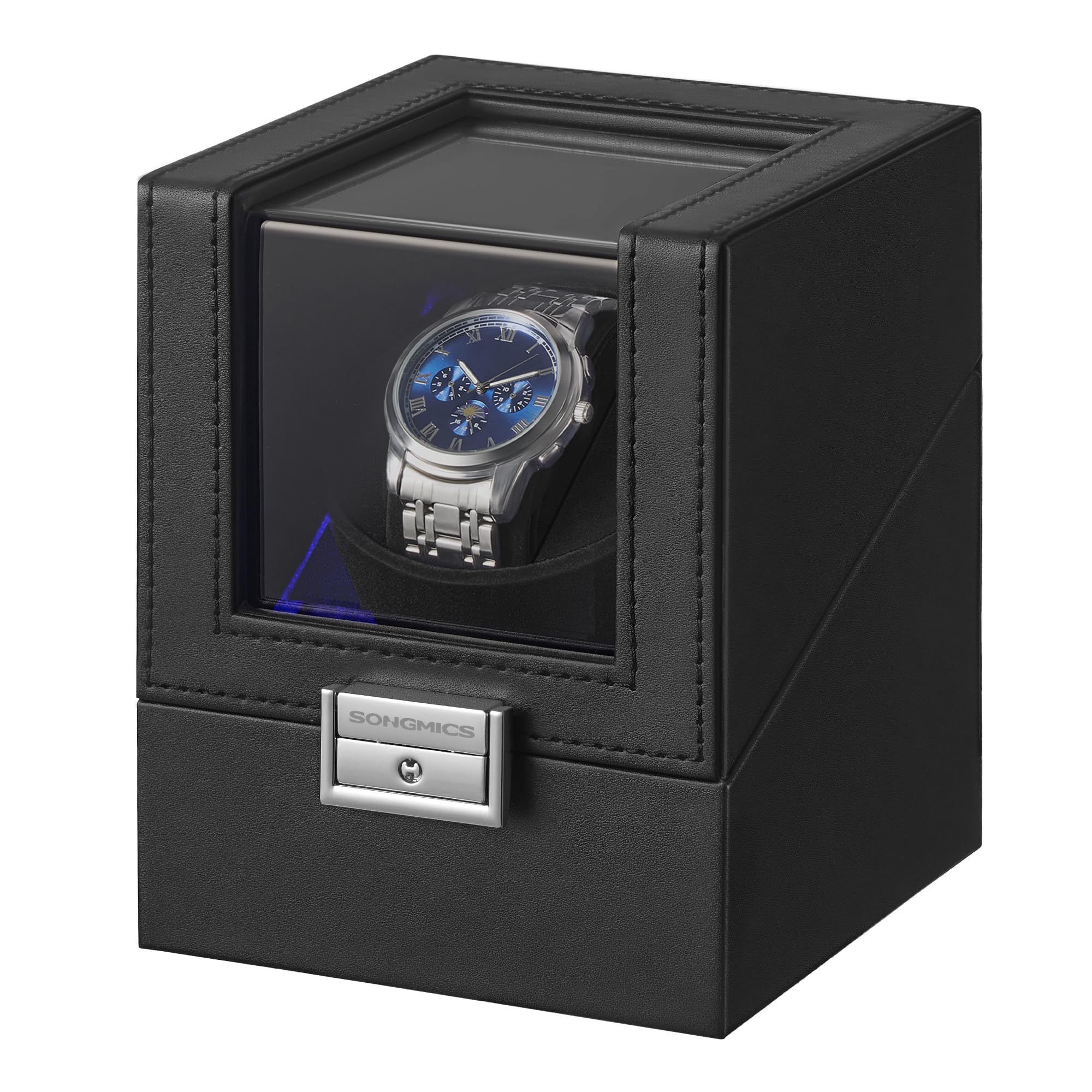 SONGMICS Caja Automática Enrollador de un Reloj con Motor Silencioso, para Relojes Automáticos, con Luz LED, Almohada Ajustable, Bloqueo, 4 Ajustes de Cuerda, Cable de Carga USB-C, Negro JWB030B01